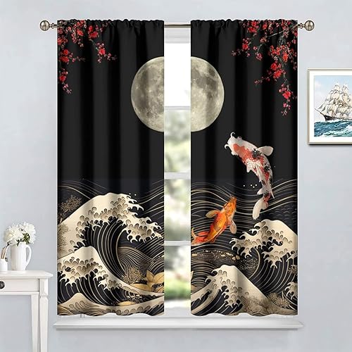 Miniatura 4 de Cortinas de pez Koi para dormitorio, estilo japonés Yin Yang Big Wave Cherry Blossom Tratamientos de ventana para sala de estar, cortinas de carpa