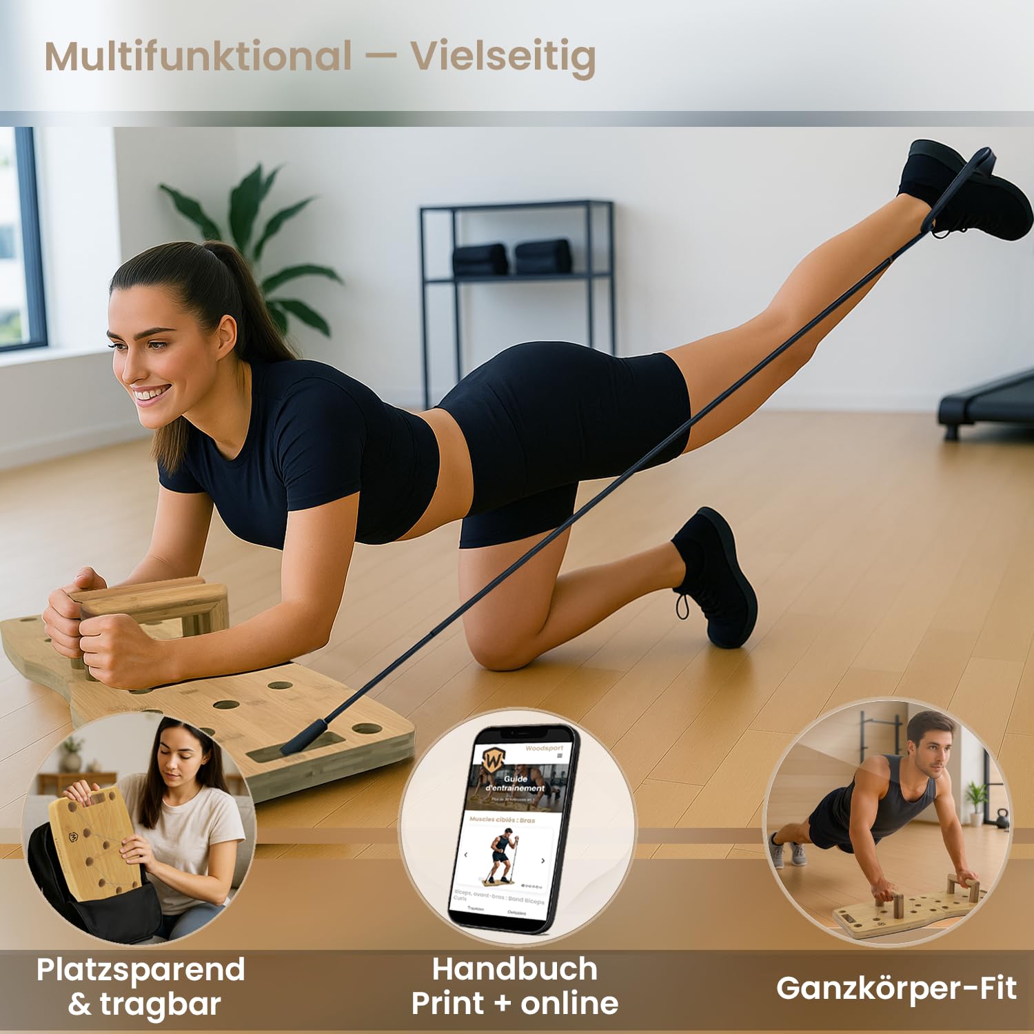 Amplitude – Premium Liegestützbrett/Push up Board aus Holz für Home gym – Klappbares Fitnessgerät für Zuhause – inkl. resistance bands + 30-in-1 Trainingsanleitung