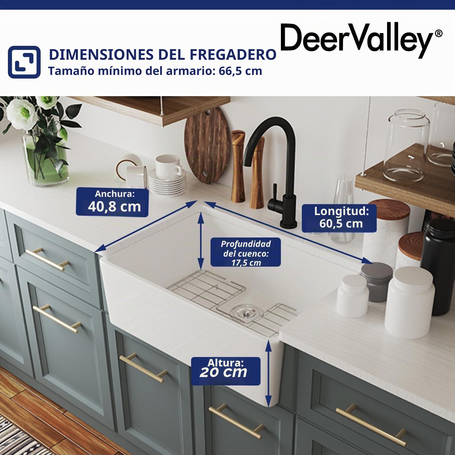 DeerValley Fregadero blanco de 24 pulgadas, fregadero de cocina de cerámica de arcilla refractaria, fregadero frontal profundo con rejilla inferior y colador | Fireclay - Fregadero frontal profundo con rejilla inferior y colador