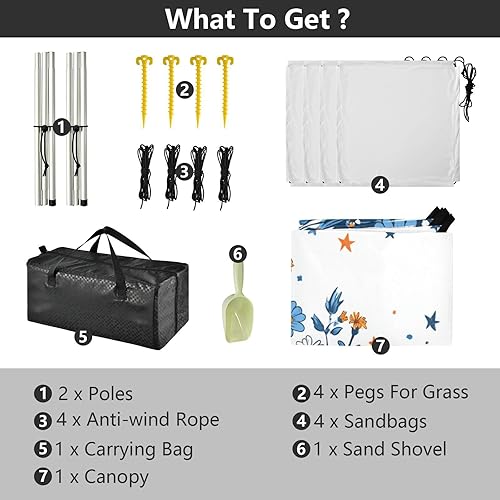 Miniatura 4 de Colorful Star Floral Designed UPF50+ Foldable Beach Canopy Waterproof Portable Sun Shelter with Sandbags and Shovel for Backyard and Camping carpas