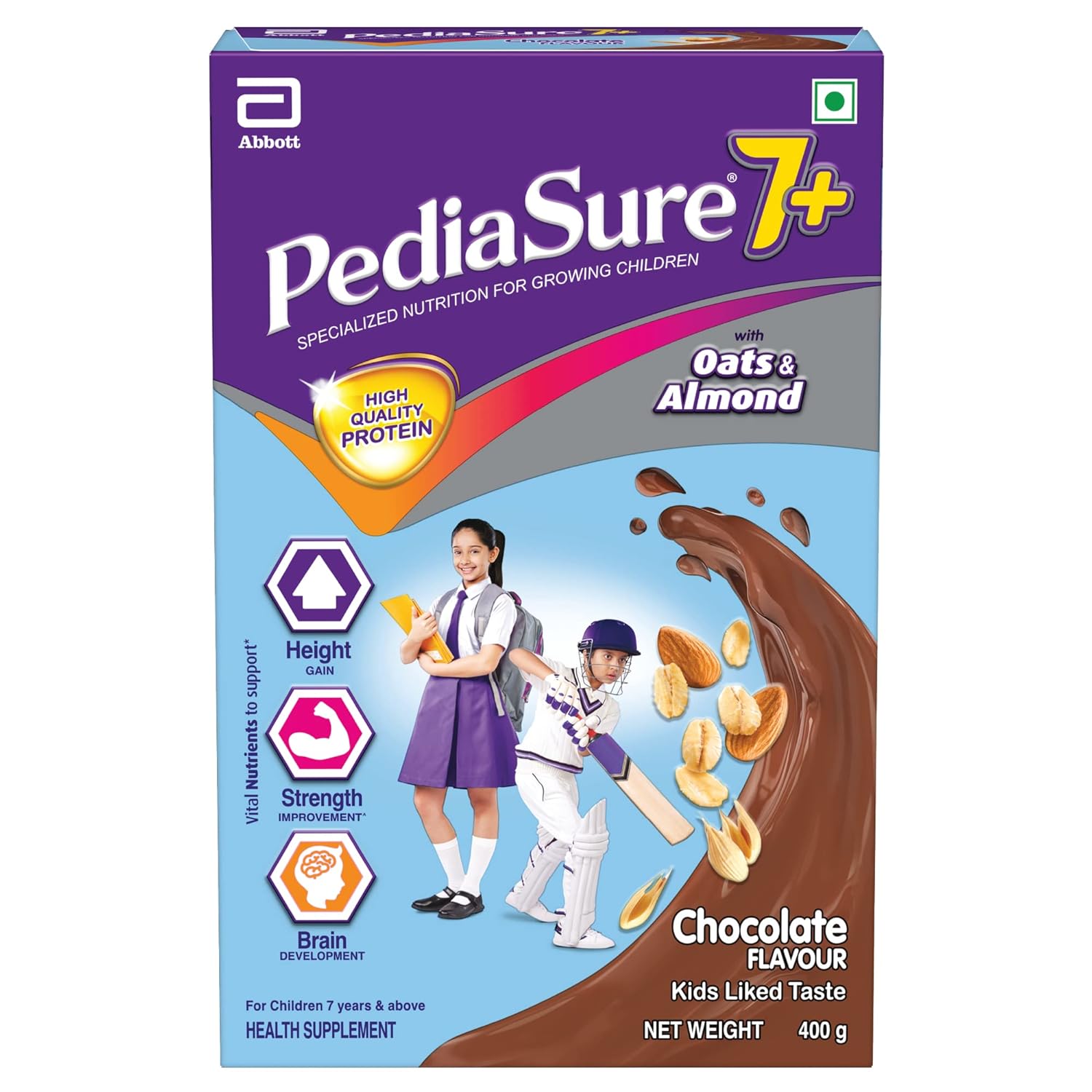 PediaSure 7+ Specialized Nutrition Drink Powder 400 Grams,Premium Chocolate Flavour With Oats & Almonds,For Growing Children,Supports Height Gain,Muscle Strength &Brain Development,1 Count