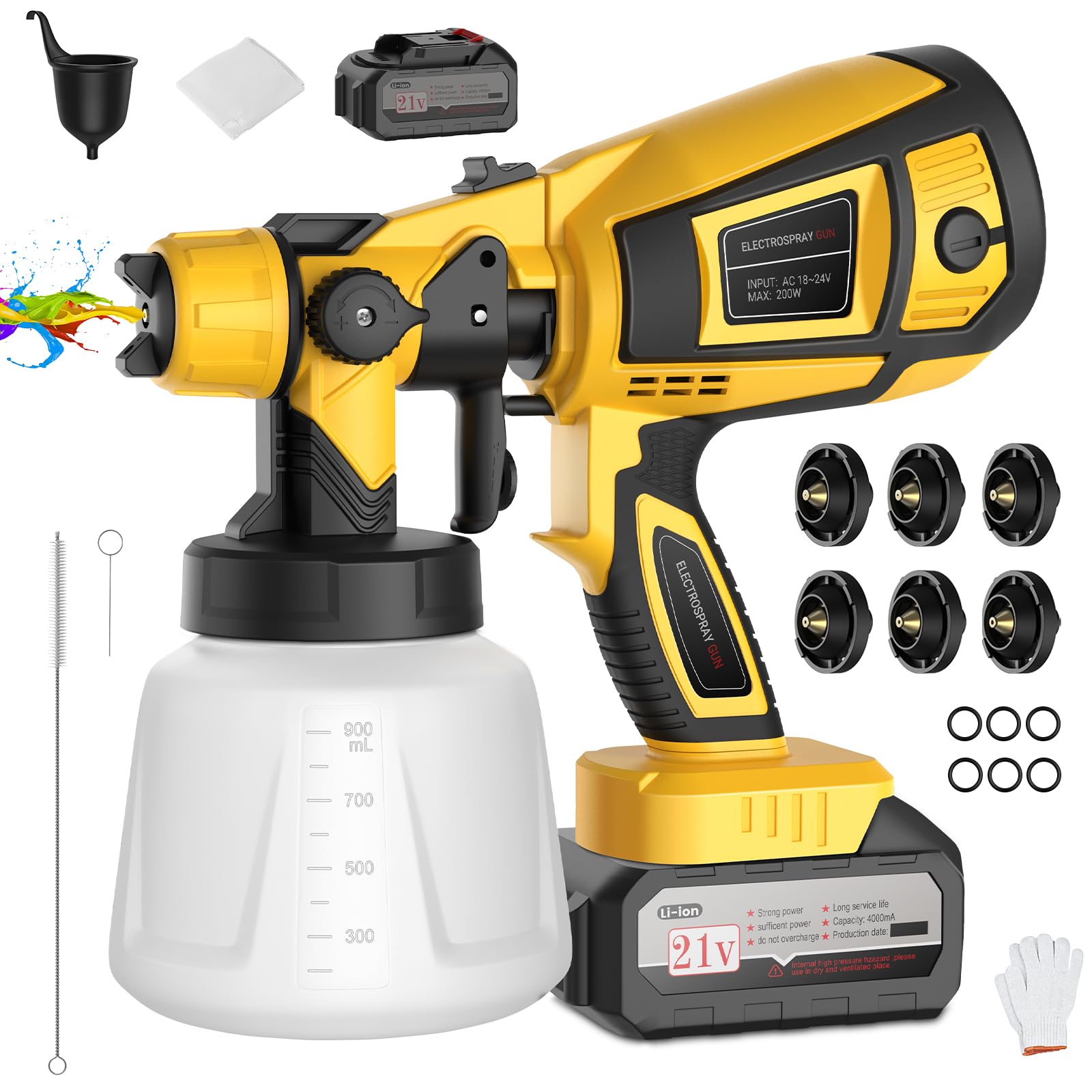 Pistola Vernice a Spruzzo, Verniciatore a Spruzzo a Batteria 2x4000mah, HVLP 650W Pistola Spruzzo Vernice con Serbatoio da 1200ML,6 Ugelli & 3 Modelli per Pareti, Mobili, Interni ed Esterni (Giallo)