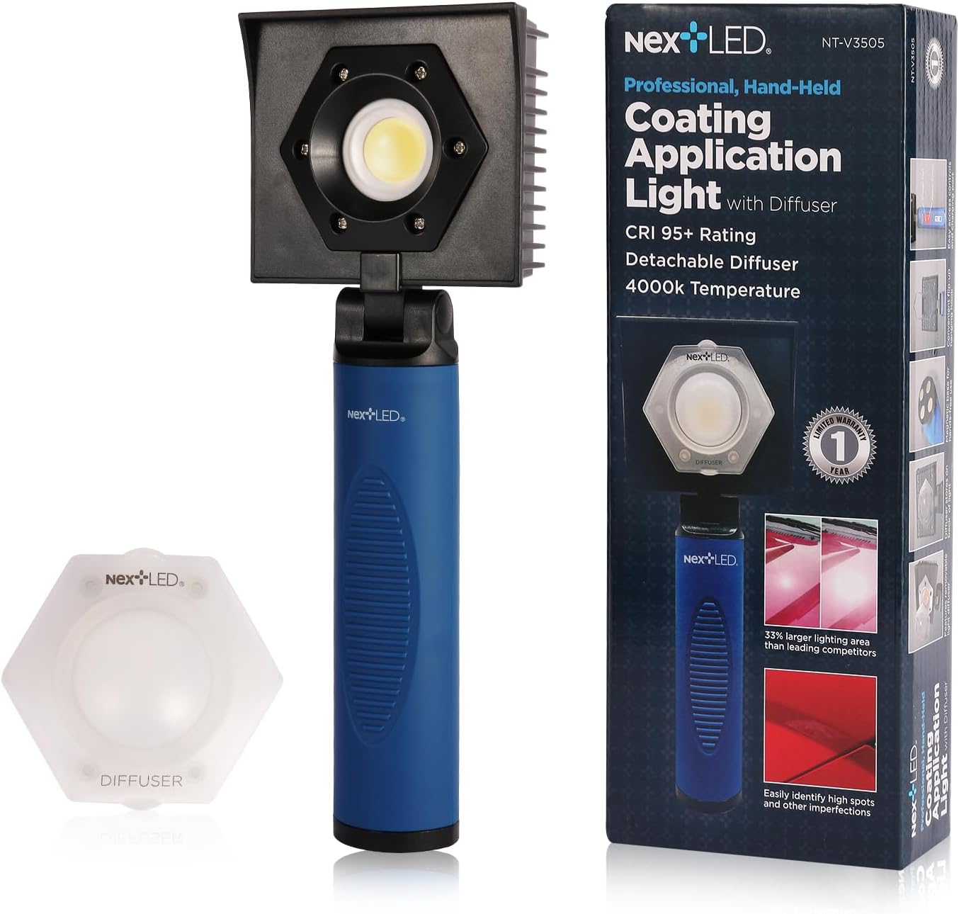 NextLED NT-V3505 Rechargeable Ceramic Coating Light, 1000 LM, CRI 95+, w/Detachable Light Diffuser, for Auto Detailing, Optimal Ceramic Car Coating, Paint correction Kit, Color Matching Tool