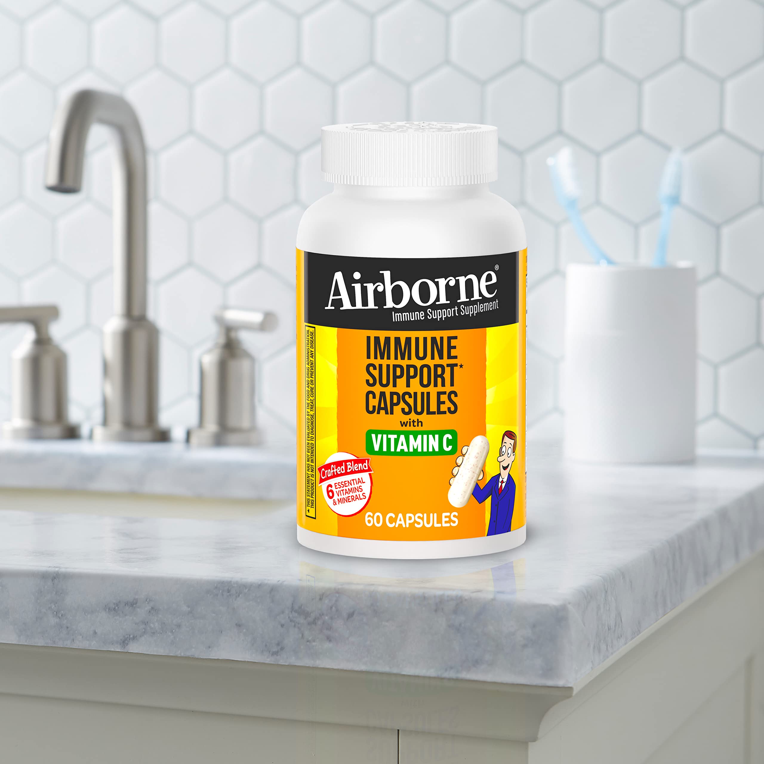 Airborne Sugar Free Vitamin C 500mg Capsules with Zinc & Selenium, Immune Support Supplement for Adults with Powerful Antioxidants Vitamins A C & E + Vitamin D - 60ct Bottle (30 Servings)