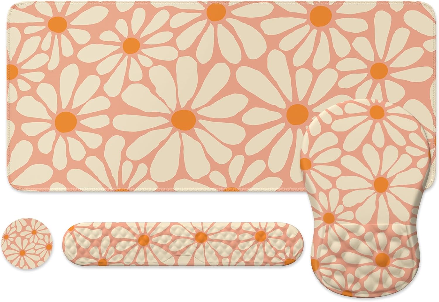 iLeadon Large Desk Mat Cute for Keyboard and Mouse,Ergonomic Massage Wrist Rest Pad with Memory Foam for Computer Keyboard,4in1 Desk Pad Mat Set+Cup Coaster for Home Office,Orange Daisy