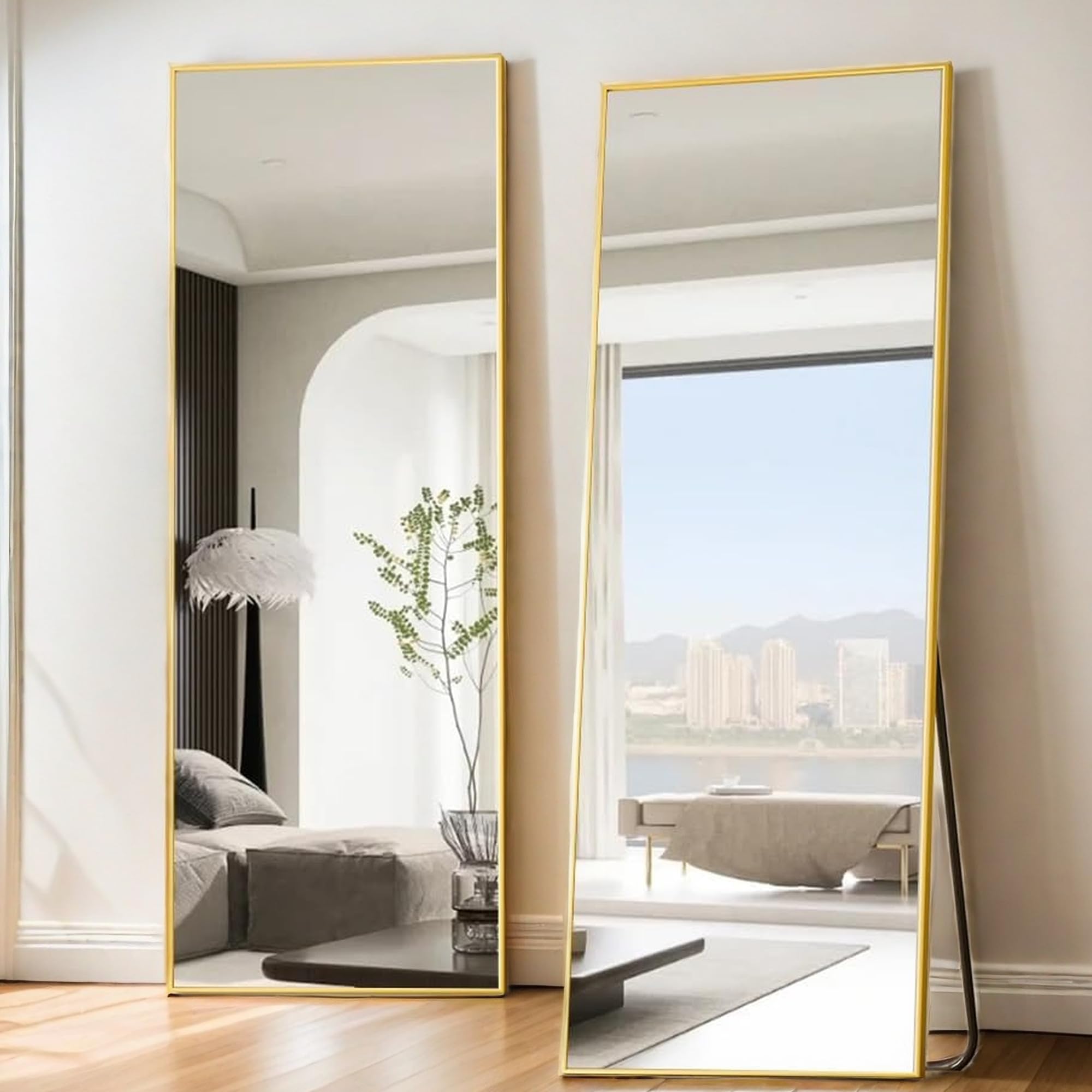 Body Mirror Full Length 63"x20" Aluminum Alloy Floor Standing Mirror, Wall Mirror Hanging or Leaning Against, Body Mirror for Bedroom Living Room Dressing Room, Gold-rect-64IN