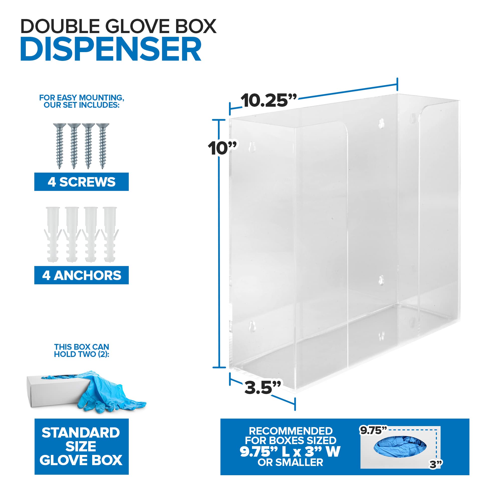 Stock Your Home Double Acrylic Gloves Dispenser, Tissue Box Shelf, Glove Holder Wall Mount, for Kitchen, Cleaning Closet, Lab, Exam, Office