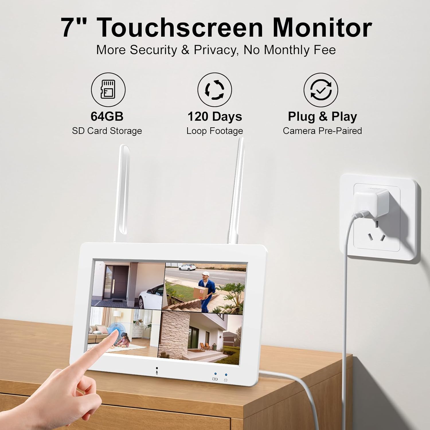 7-inch touchscreen monitor displaying multiple camera feeds, with a hand interacting with the screen.