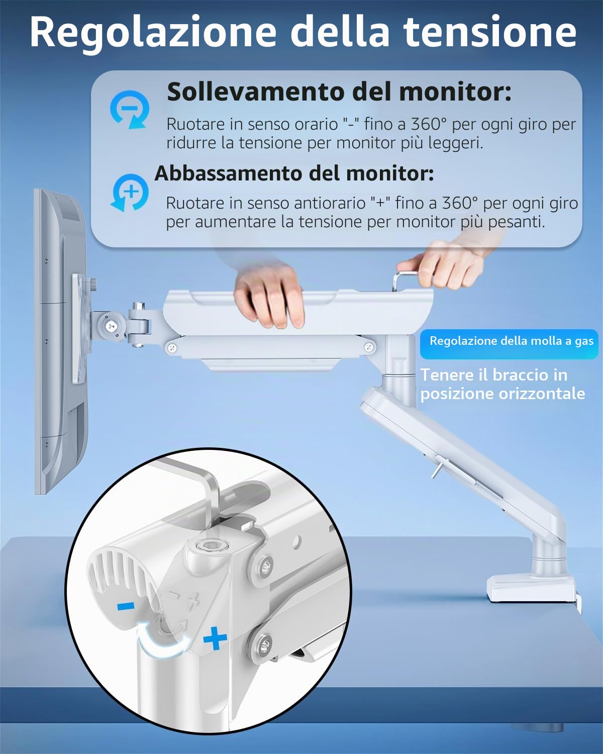ELIVED Supporto per monitor da gaming per schermi da 13-32", supporta 2-9 kg | Braccio a molla a gas regolabile in altezza con VESA 75/100 mm, inclinabile, orientabile, girevole a 360°, bianco, EV6011W