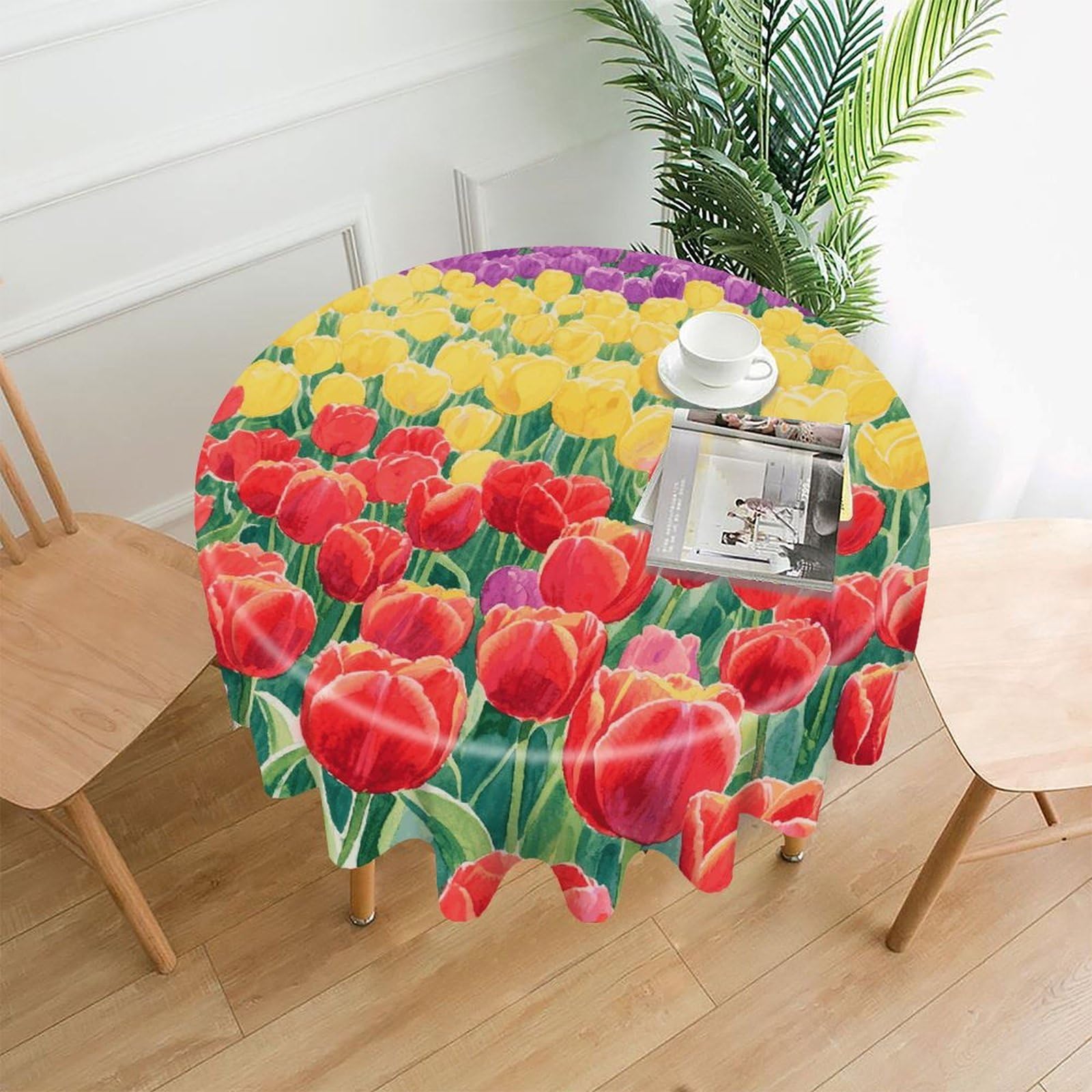 FekiLoot Tulip Field Round Tablecloth Cover 60 Inch Wrinkle Free Washable Polyester Fabric Table Cover Decorative Round Table Cloth for Home Dining Kitchen Party Farmhouse