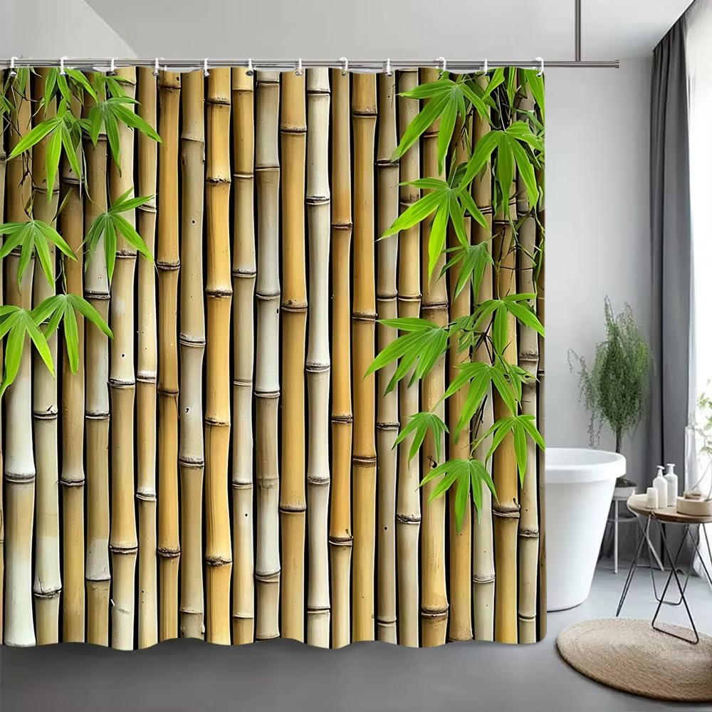 Rideau de douche en bambou vert 150x183 cm en polyester pour salle de bain
