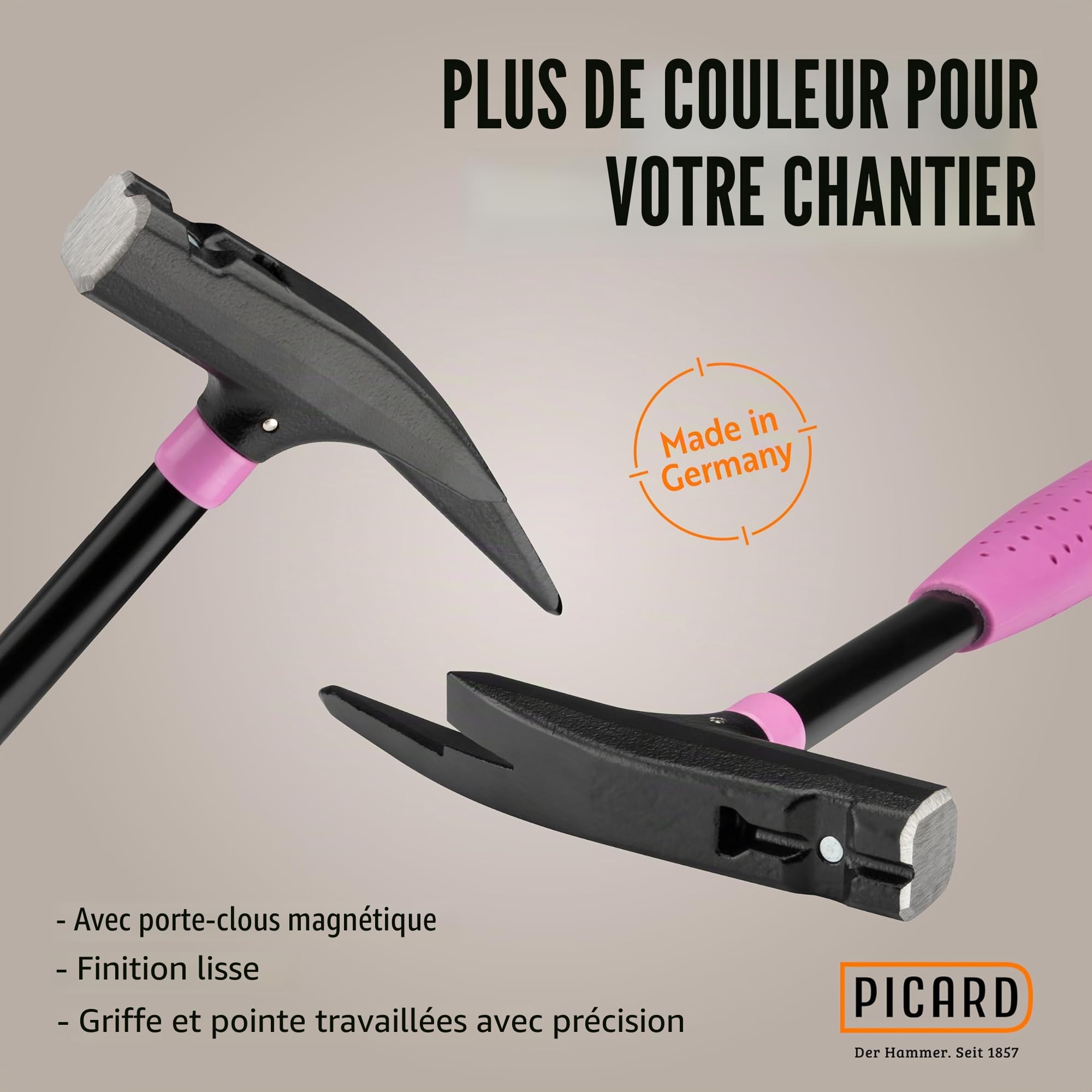 PICARD Marteau de couvreur Pink Edition N° 626M 760 g lisse | Support magnétique à clous | Certifié GS et certifié VPA | Protection contre la corrosion | Poignée ergonomique | Longueur 32 cm |