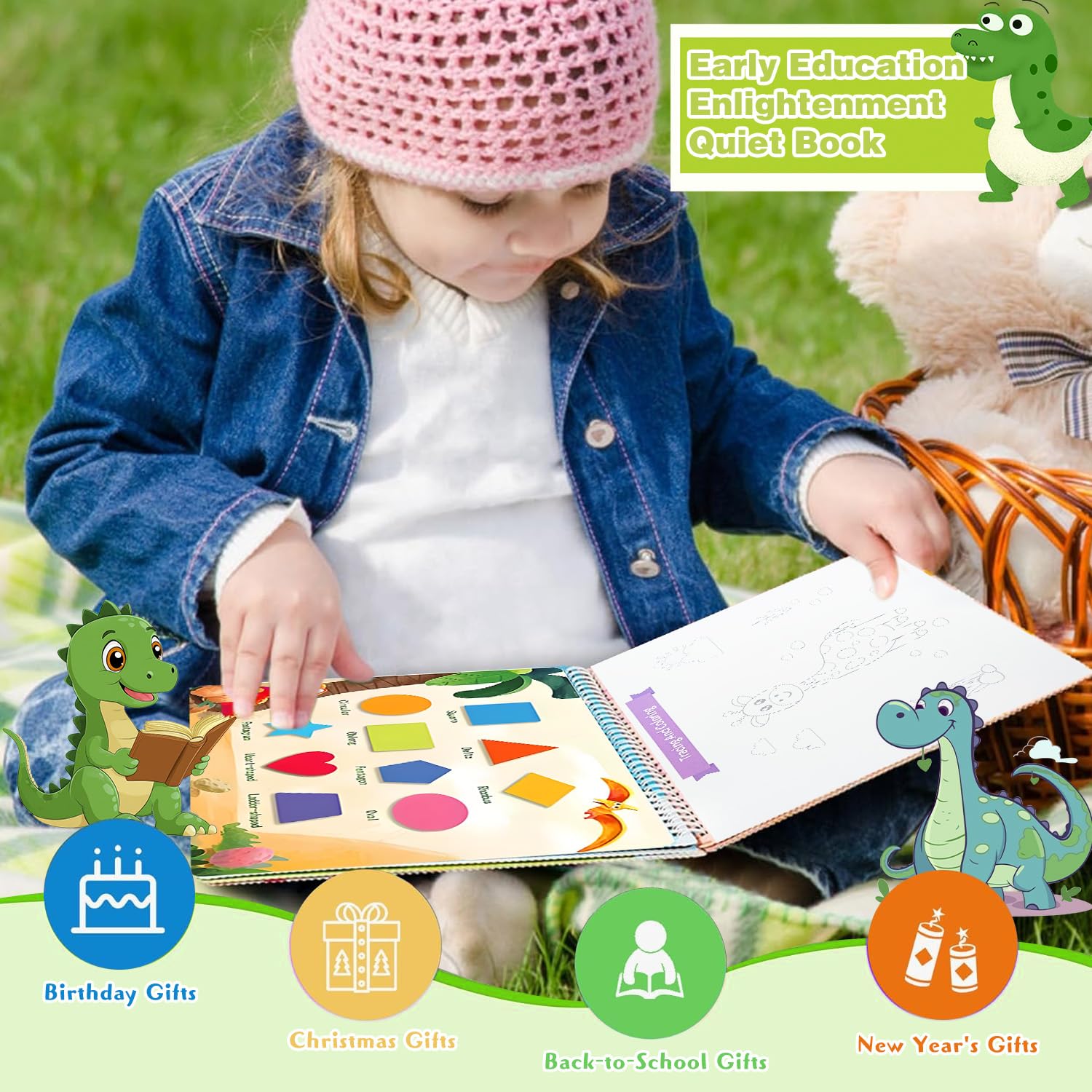Montessori Spielzeug ab 1 2 3 Jahr,Busy Board ab 1 Jahr,Quiet Book ab 1 Jahr,Busy Book ab 2 Jahre,Montessori Buch ab 1 2 3 4 5 Jahre,Sticker Funktion,Geschenk 1 Jahr Junge Mädchen-Dinosaurier