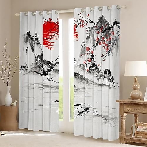 Miniatura 2 de Cortinas de ventana de grúas para dormitorio, sala de estar, cortinas de decoración japonesa Ukiyoe para niños y niñas, cortinas de ventana de