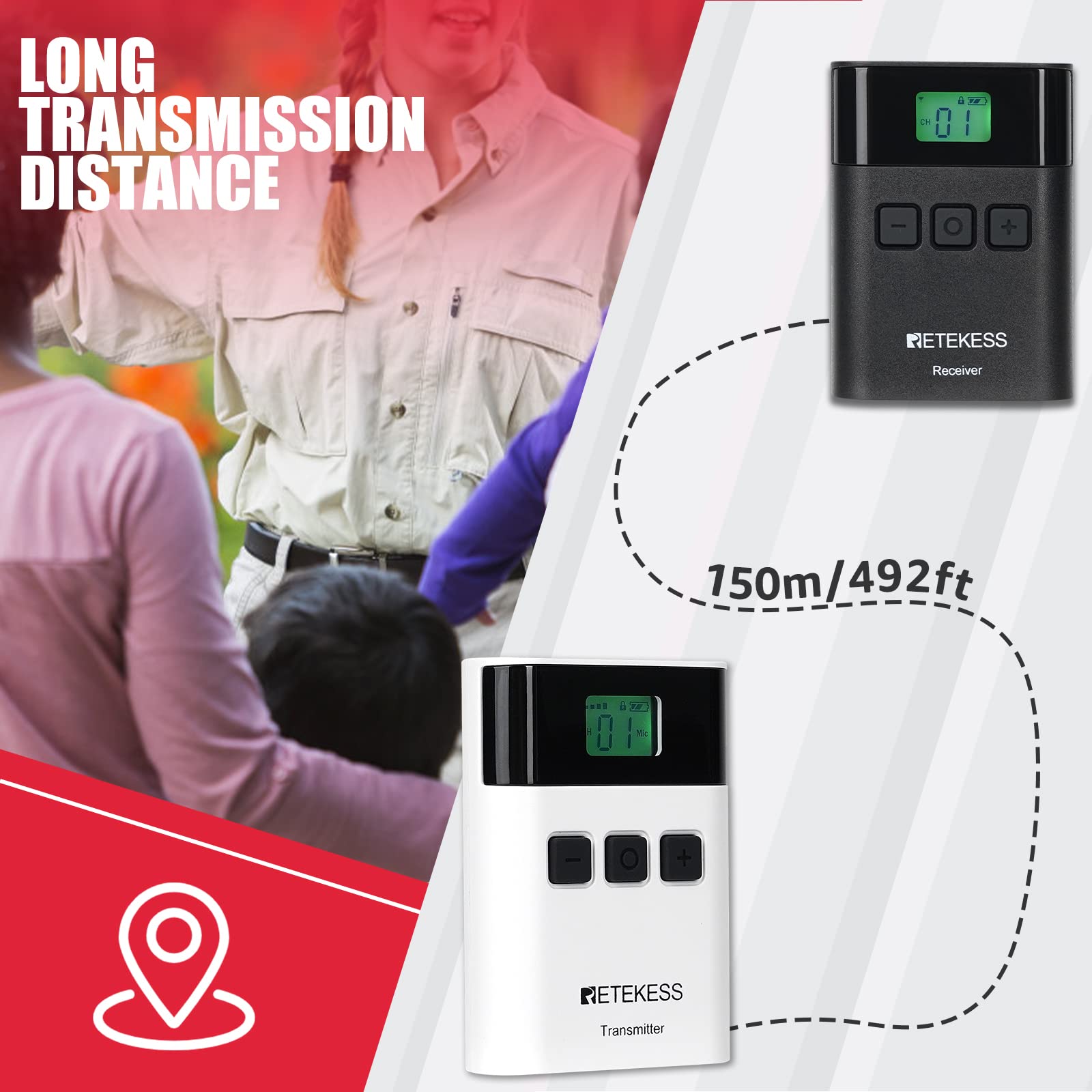 Retekess TT122 Sistema di Guida Turistica, 150m, 2.4G, 1500mAh Audio Wireless Apparecchiatura di Traduzione a 36 Canali, con Scatola di Ricarica a 32 Slot TT015 per Fabbrica, Turismo, Conferenza