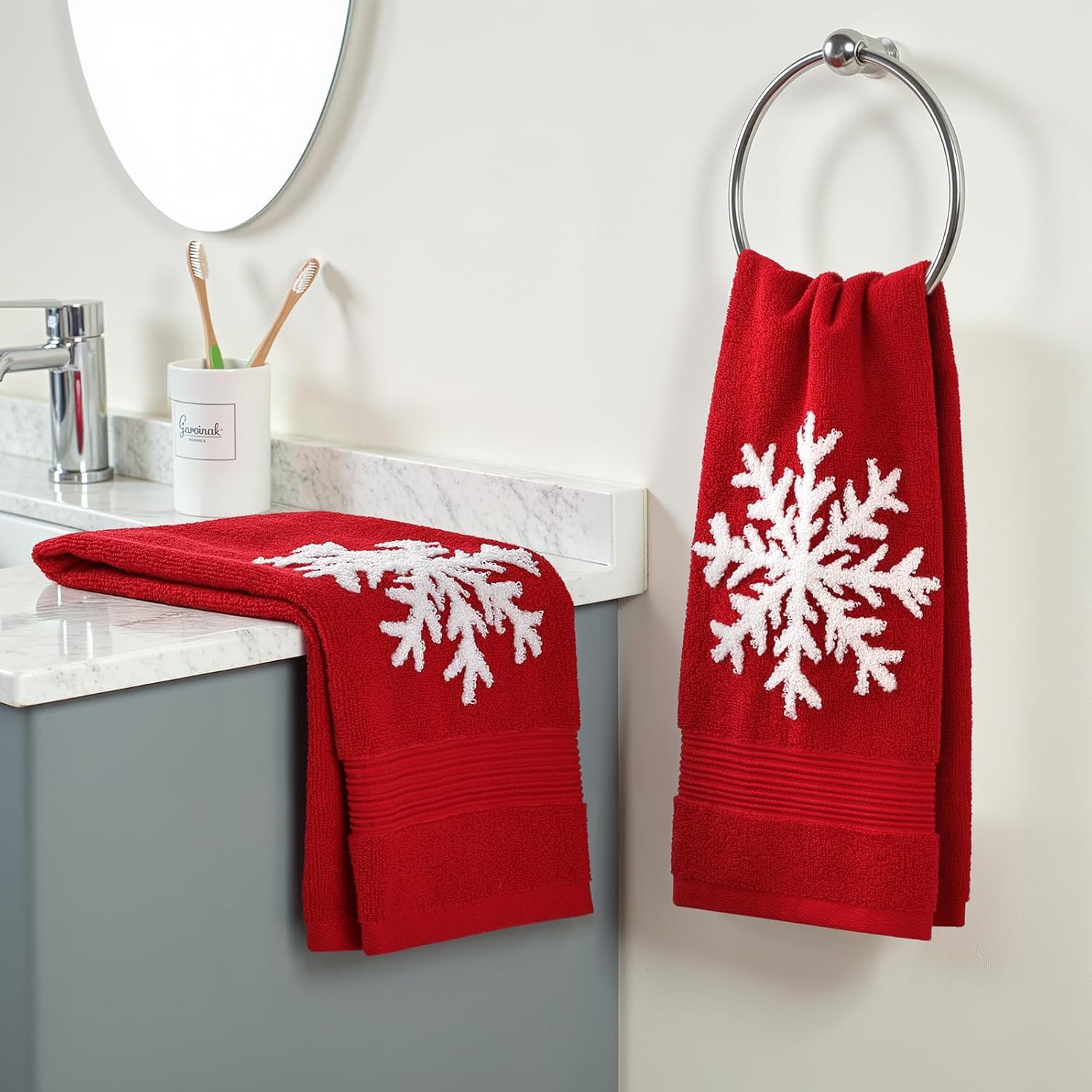 MelonBoat Pack of 2 Towels Set, Christmas Hand Towels for Bathroom with Embroidered White Snowflake, Soft Absorbent Polyester Xmas Decoration for Bath Gym Spa Kitchen Family Home Decor, 13.7"x29.5" - Image 4