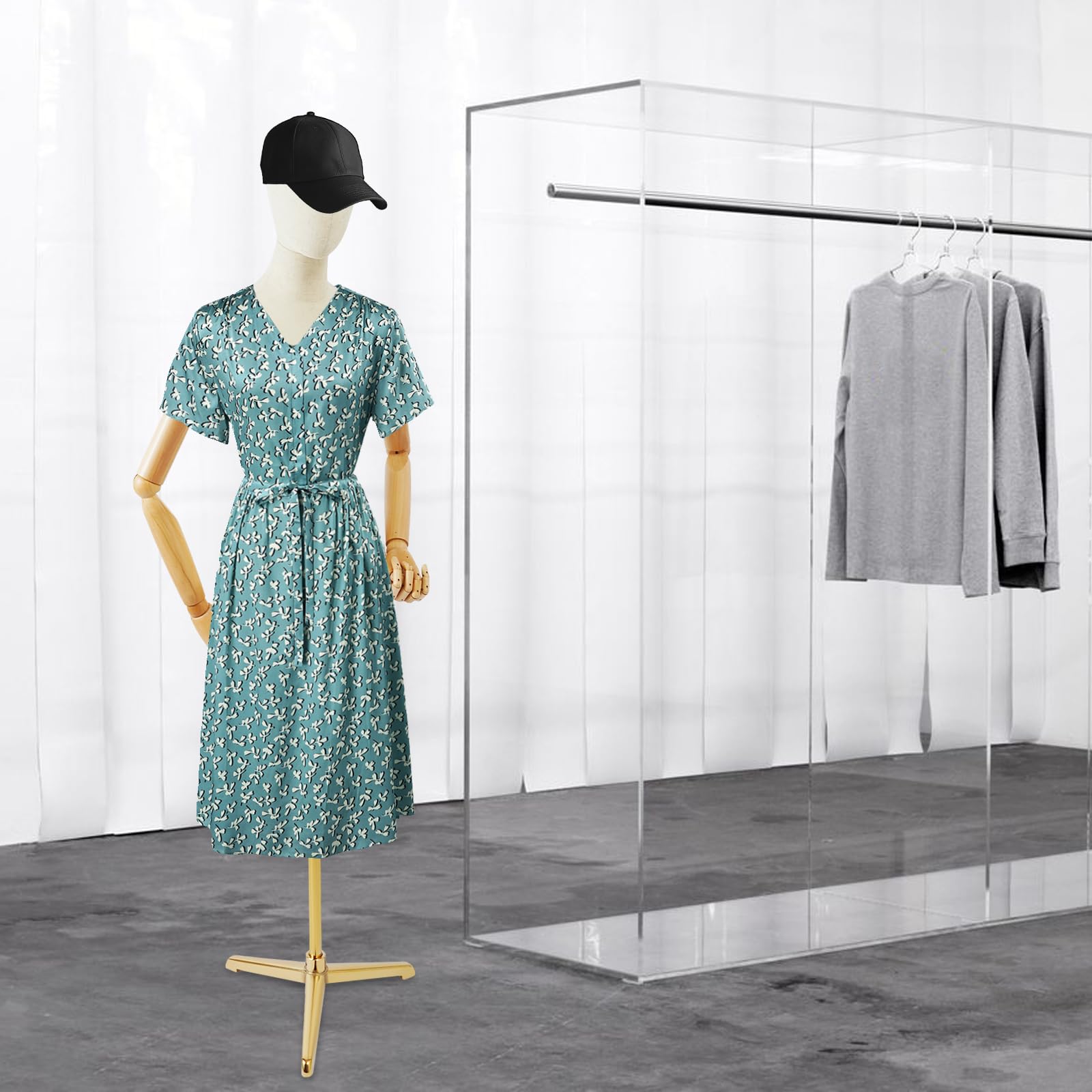 Schaufensterpuppe Weiblich Schneiderpuppe, Mannequin Torso mit drehbarem Kopf, Holzarmen mit beweglichen Fingern, Leinenbezug, höhenverstellbar 65–120 cm für Boutique und Schaufenster