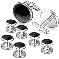 Lictin Men's Stainless Steel Cufflinks & Tuxedo Studs Set - 8-Piece Black Silver Formal Wedding Gift for Groom Groomsmen