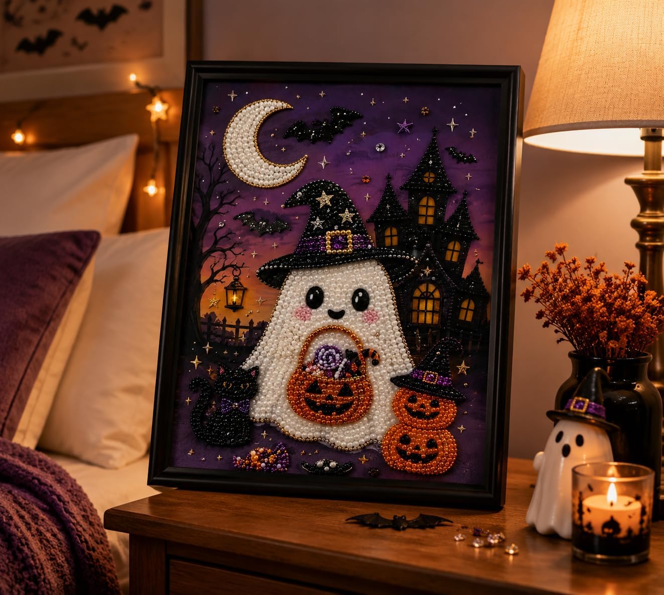 Semneroy Halloween Ghost Pearl Diamond Painting Kits for Adult, Special Shape Diamond Art Kits for Pumpkin Witch Hat, DIY Pearl Painting Kit for Home Decor 12 × 16 inch
