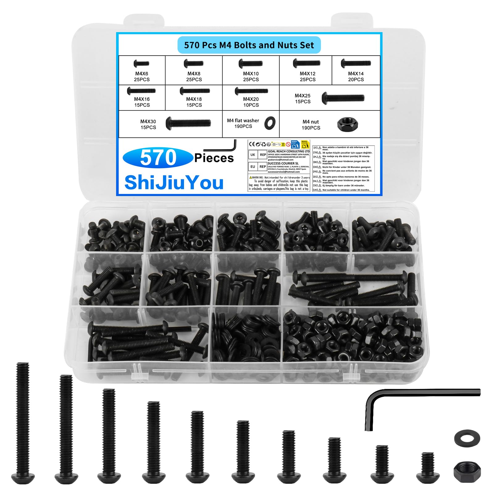 570 x M4 Black Button Head Screws with Nuts & Washers