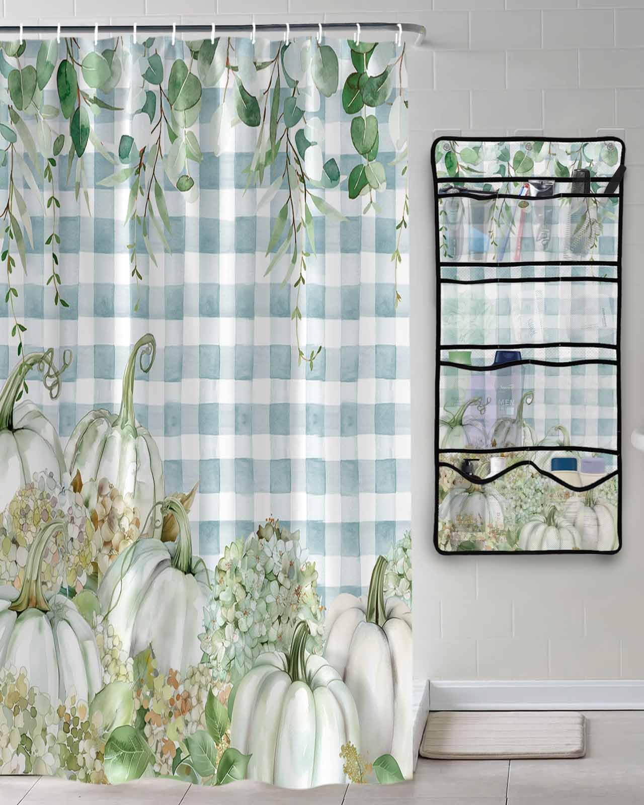 Decorative Shower Curtain Sets Fall Thanksgiving Fabric Shower Curtains Autumn Green Pumpkin Eucalyptus Leaves Buffalo Check Mesh Shower