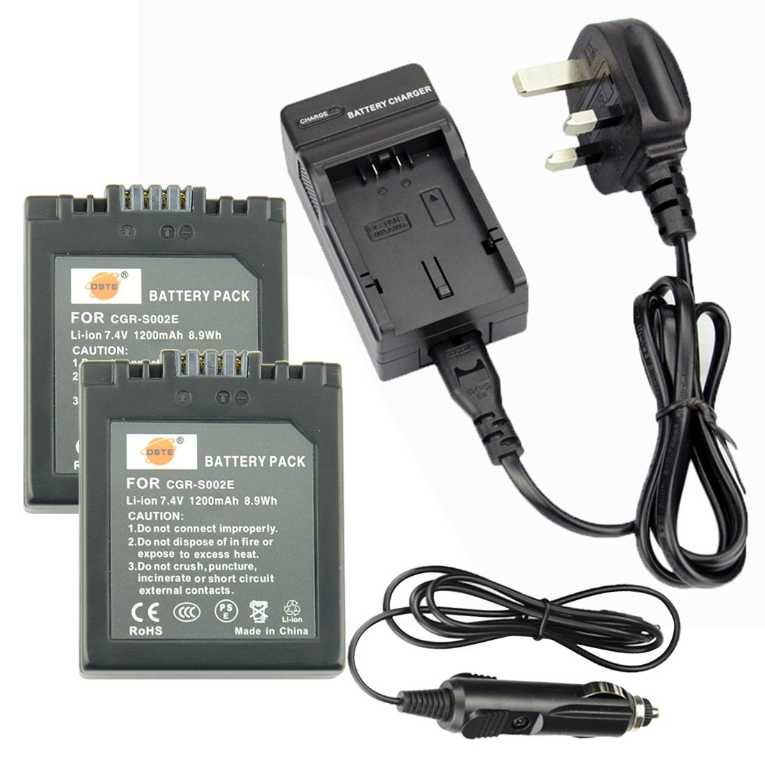 DSTE® Caricabatterie DC62U + 2x S002E Batteria per Panasonic CGA-S002, CGA-S002A, CGA-S002E, DMW-BM7 and Lumix DMC-FZ1, DMC-FZ2, DMC-FZ3, DMC-FZ4, DMC-FZ5, DMC-FZ10, DMC-FZ15, DMC-FZ20