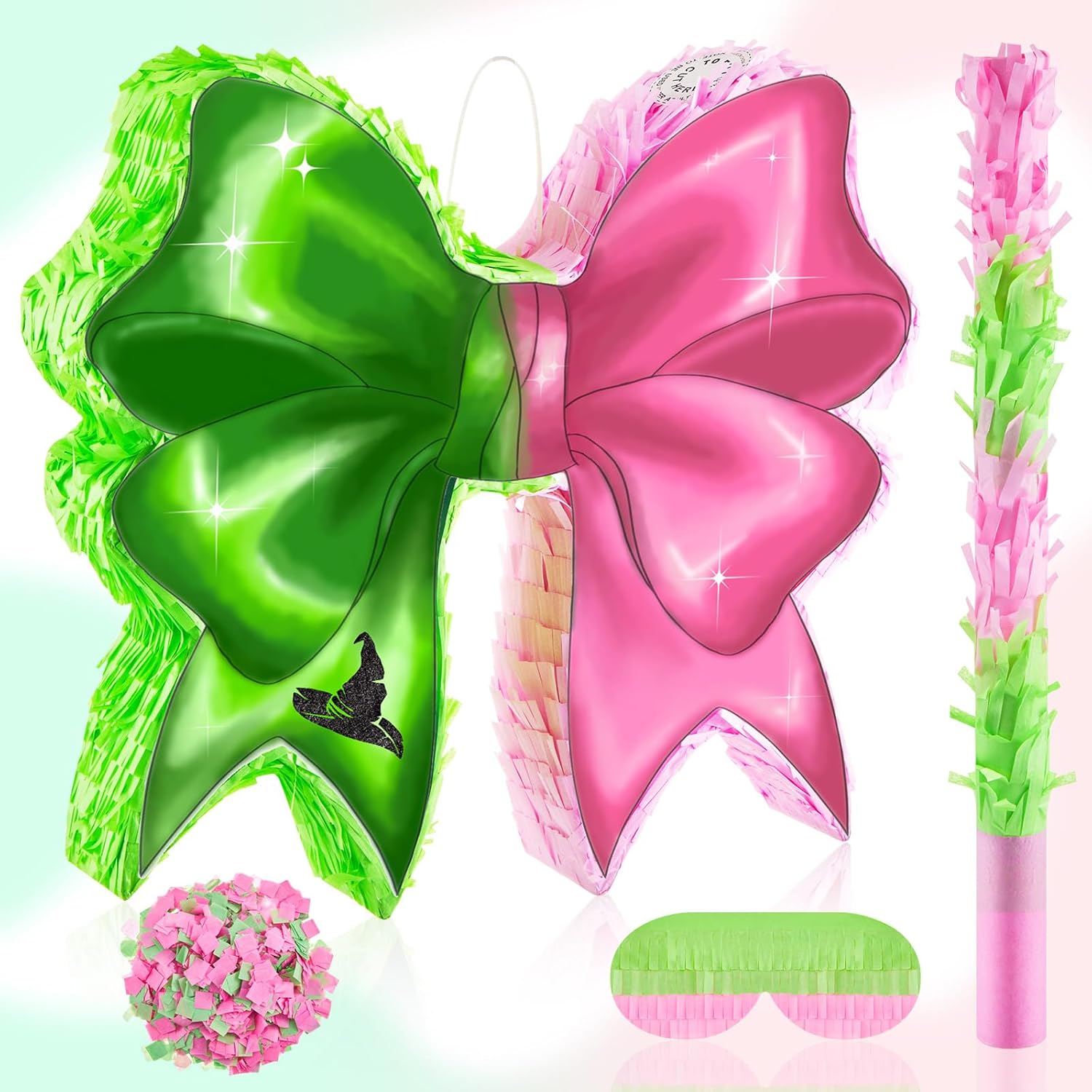 Watersay Witch Piñata, Green and Pink Bow Party Piñata, Witch Party Favors Decoration Set with Bat Stick, Blindfold Mask and Confetti for Halloween Girl Princess Birthday Baby Shower Supplies