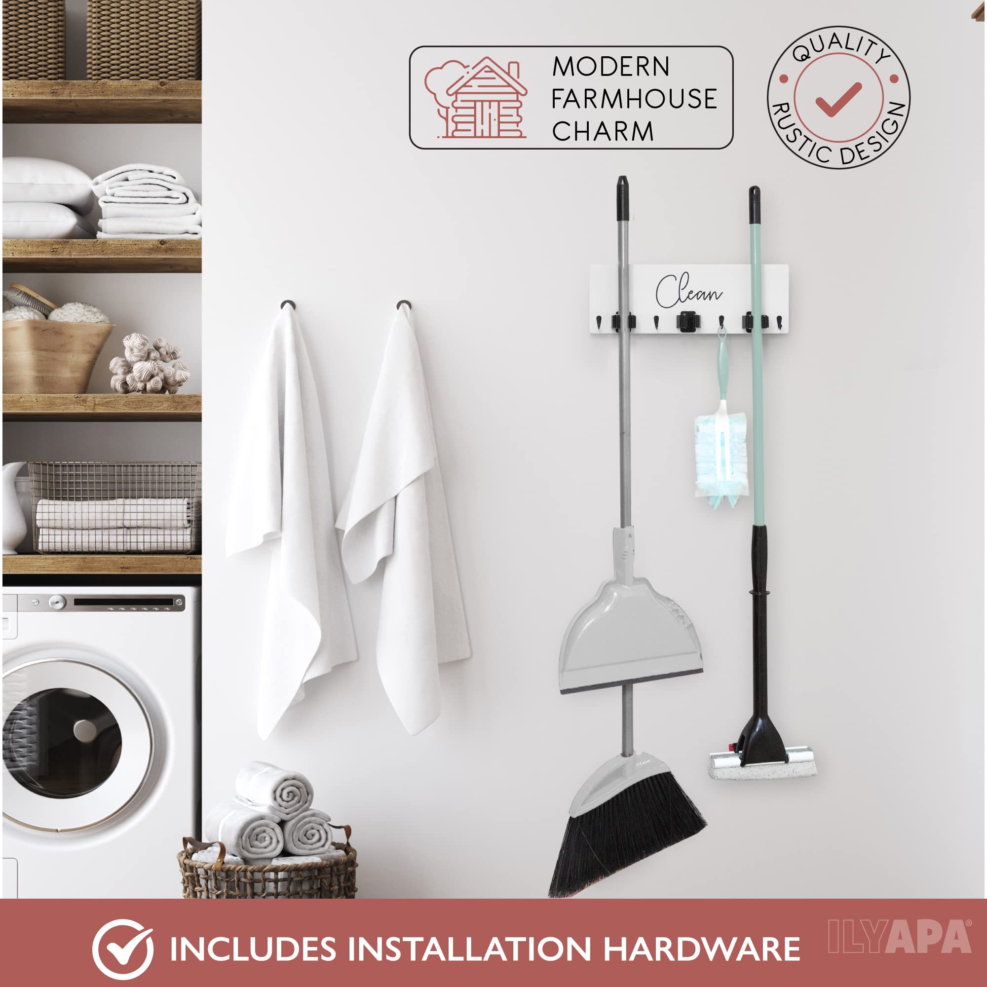 Organizador de escoba para montaje en pared, organizador de escoba y trapeador colgante, soporte de pared de madera blanca, soporte de estante de almacenamiento de cocina y lavandería, arreglo 5