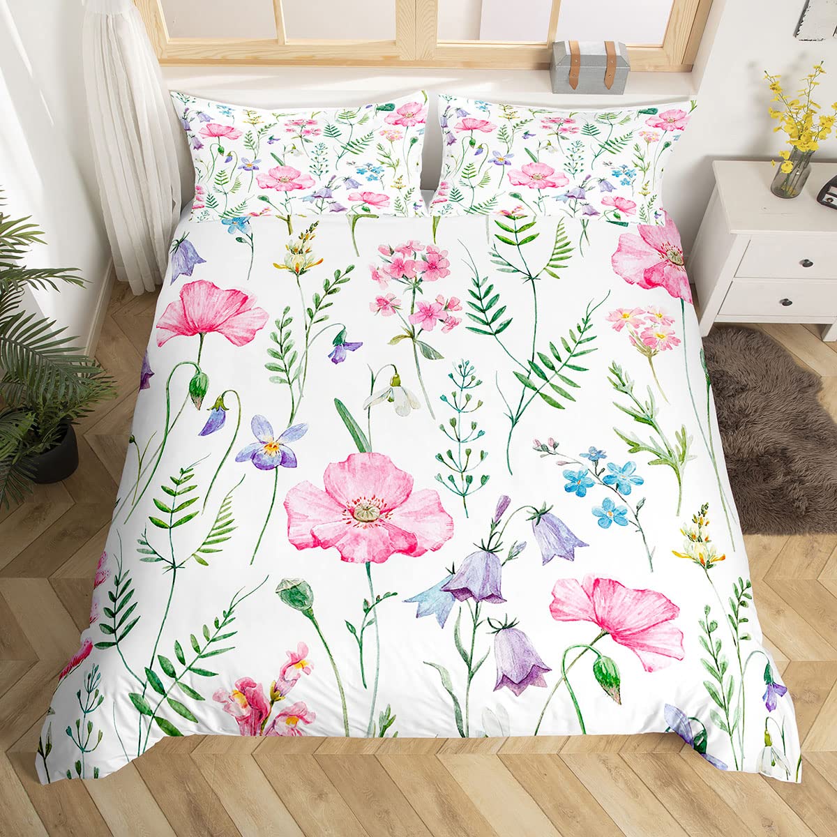Pink Poppy Duvet Cover Poppy Floral Bedding Set For Kids Boys Girls Botanical Floral Comforter Cover Ultra Soft Colorful Wild Flowers Duvet Cover Set Super King Zipper — image 1