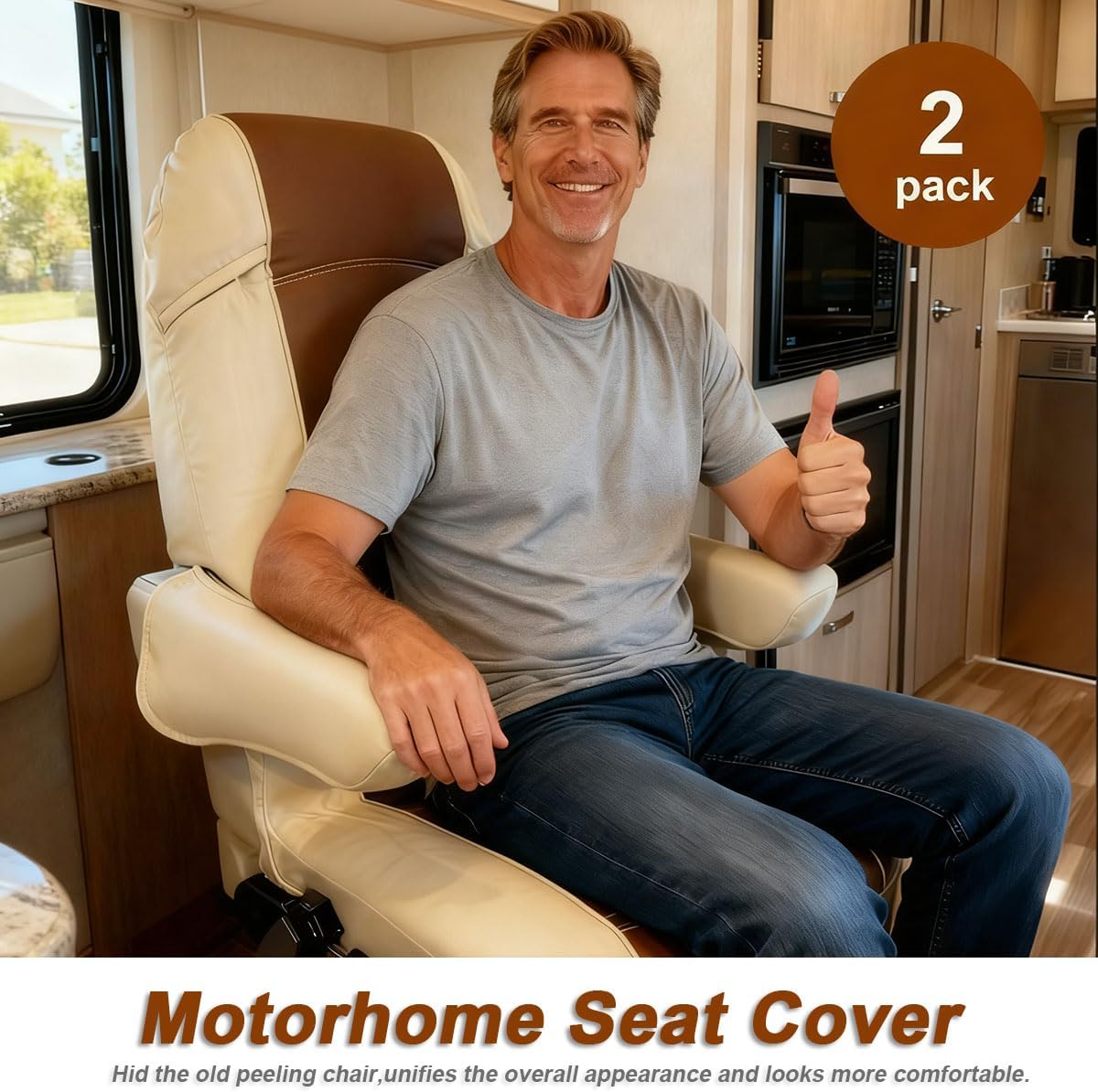 BeadChica 2 Pack RV Seat Covers for Captains Chairs,Leather Motorhome Seat Covers, for Class-A RV Seat with Arm Rest Covers