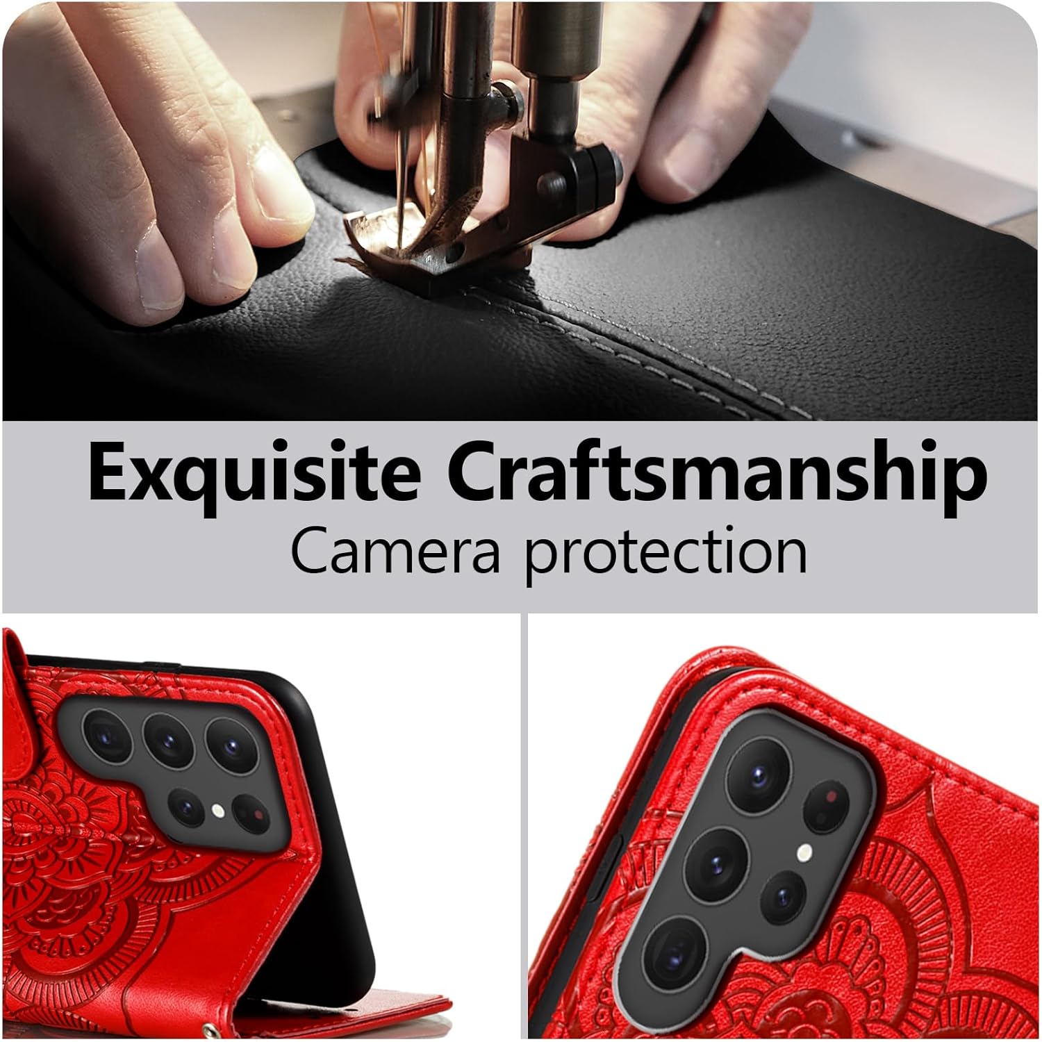 EYZUTAK Case for Samsung Galaxy S25 Ultra, Premium Leather Magnetic Closure Flip Wallet Phone Case with Card Holder Cash Slot Stand Function Embossed Mandala Flower Slim Shockproof Lanyard Cover - Red - Image 6