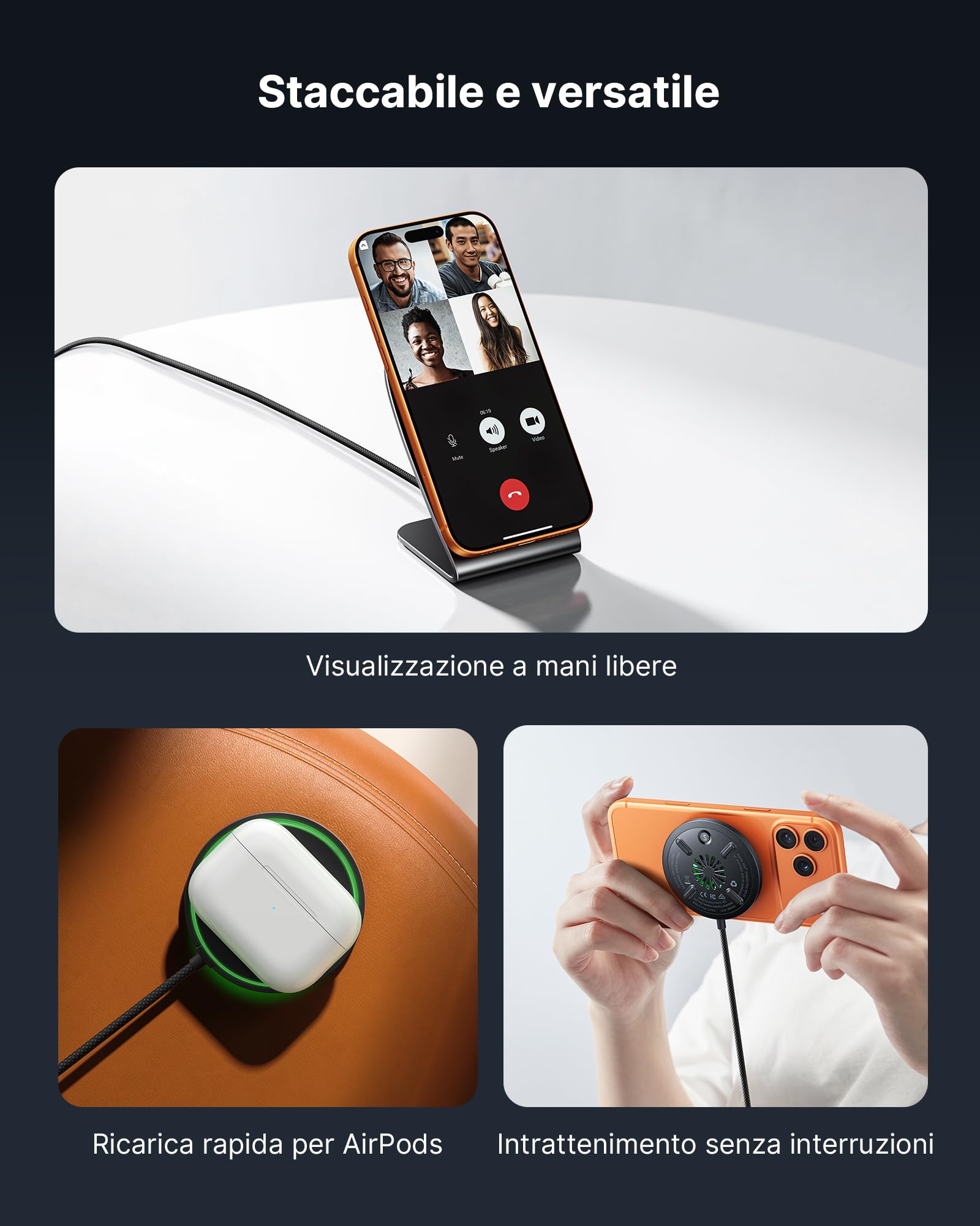 INIU Caricatore Wireless 2 in 1, 15W Certificato Qi2 Caricabatterie Magnetico, Stazione Ricarica Wireless Mag-Safe per iPhone 17 16 15 14 13 Pro Max Mini AirPods 4 3 2(con Adattatore USB C 20W)