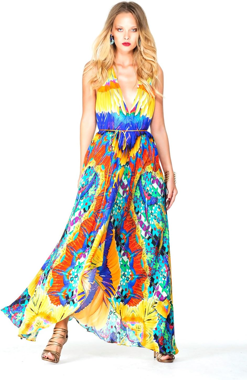 Printed V-neck Maxi Dress in Bright Orange/Blue