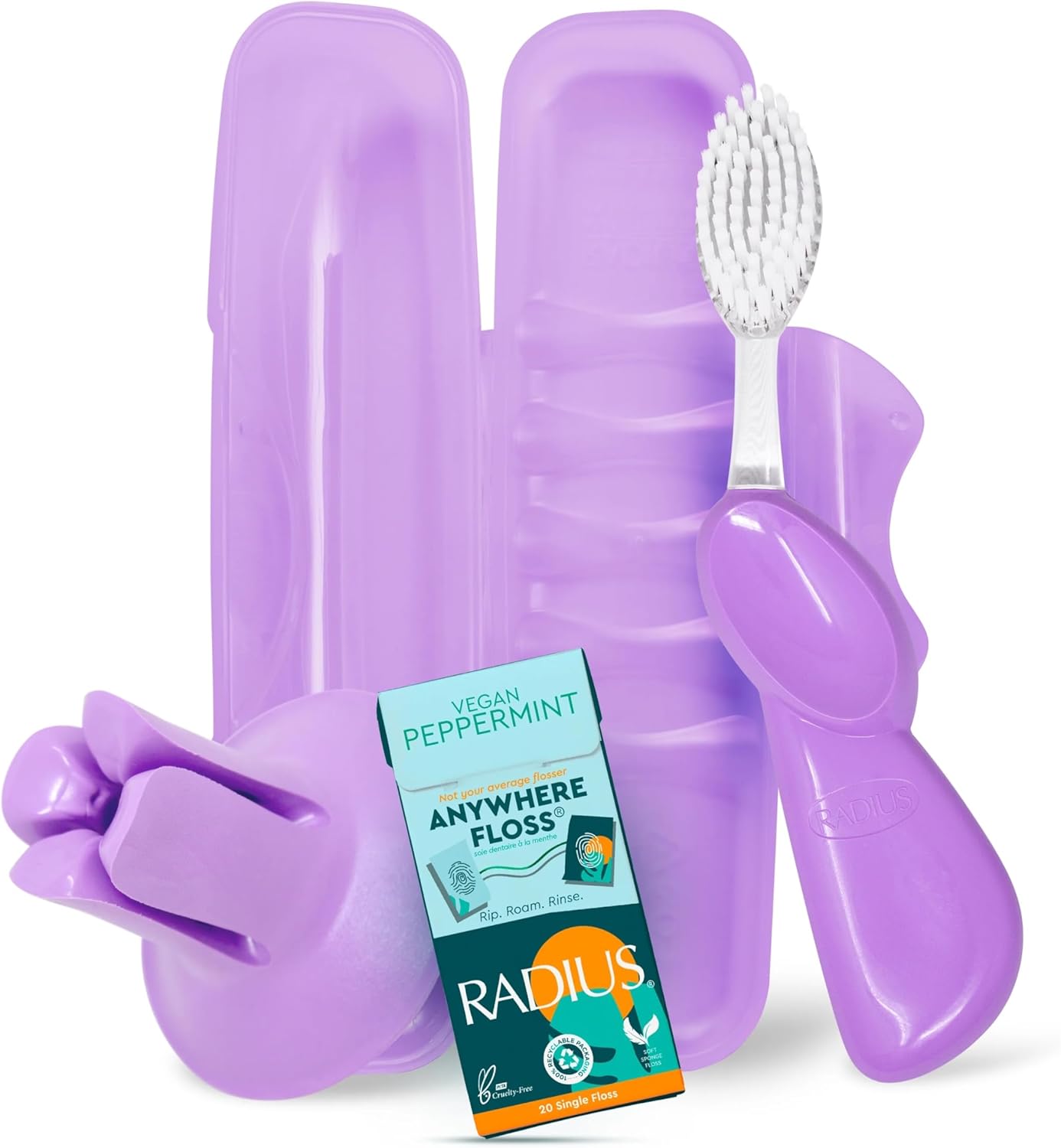 RADIUS Vacation Pastel Bundle, Includes Right Handed Big Brush, Toothbrush Travel Case, DOC Toothbrush Holder, Anywhere Travel Floss Packette, Lemon Meringue Yellow, 4 Piece Bundle