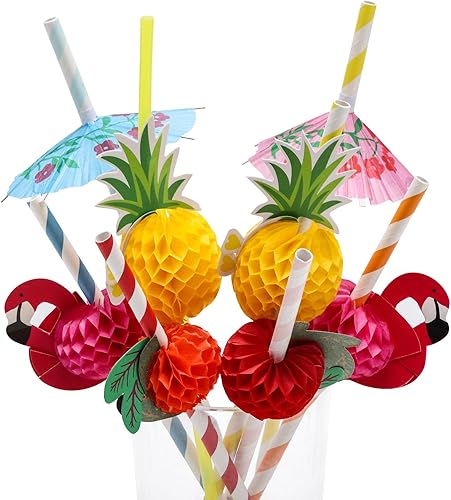 100PCS Flamingo Fruit Paper Straws Coffee & Cocktail Stirrers,Disposable Drinking Straws,Tropical Hawaiian Beach Summer Pool Party Decorations -