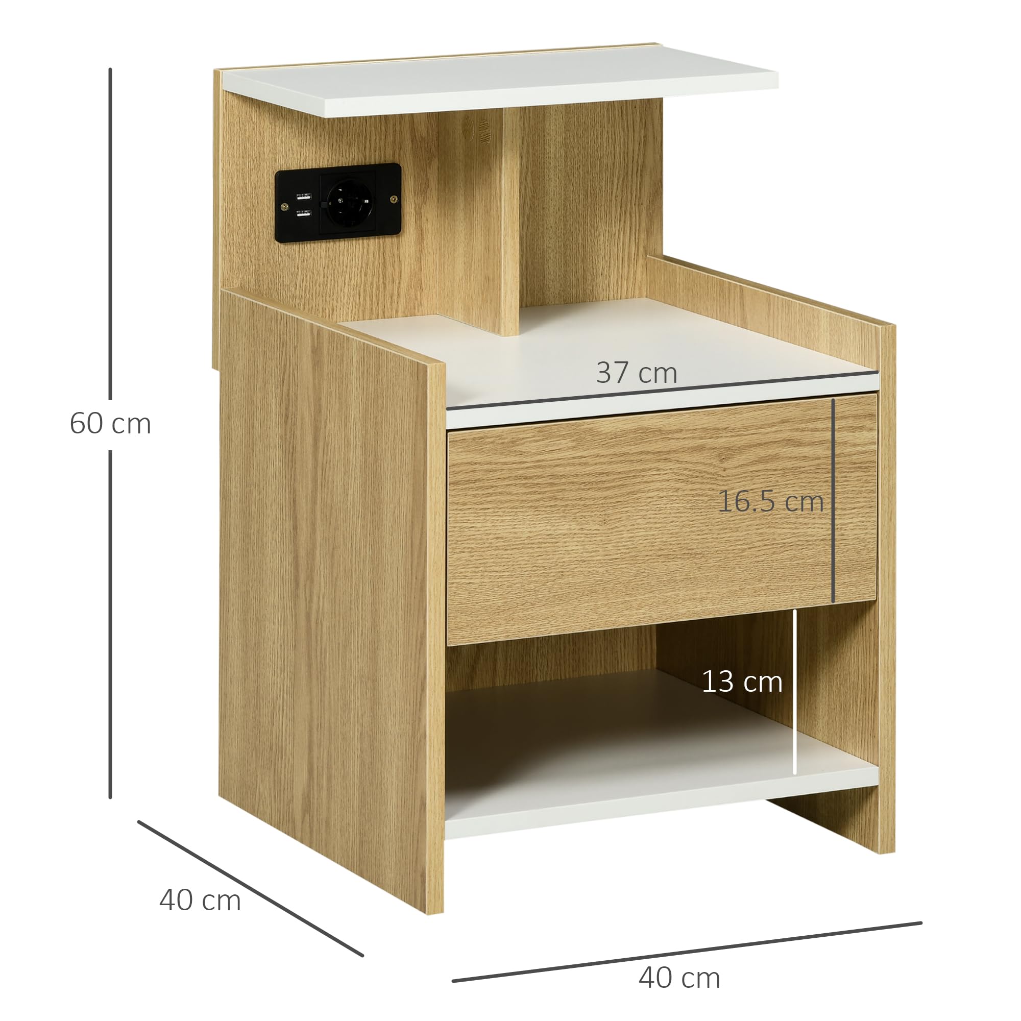 HOMCOM Comodino Moderno in Legno con Porte USB 40x40x60cm Color Legno
