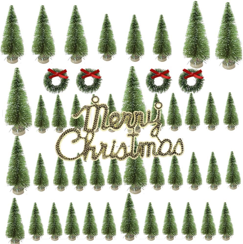 PannowMiniature Christmas Tree, 49 PCS Artificial Snow Frost Trees Pine Trees Sisal Trees Tabletop Trees for Christmas Party Decoration