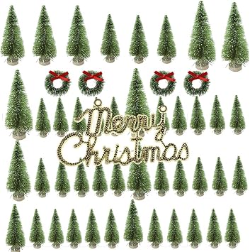 TiTa-Dong 49Pcs Mini Christmas Trees,Bottle Brush Trees Set - Artificial Frosted Sisal Christmas Tree with Wood Base,Miniature Pine Trees DIY Crafts Sisal Trees for Christmas Table Room Decor