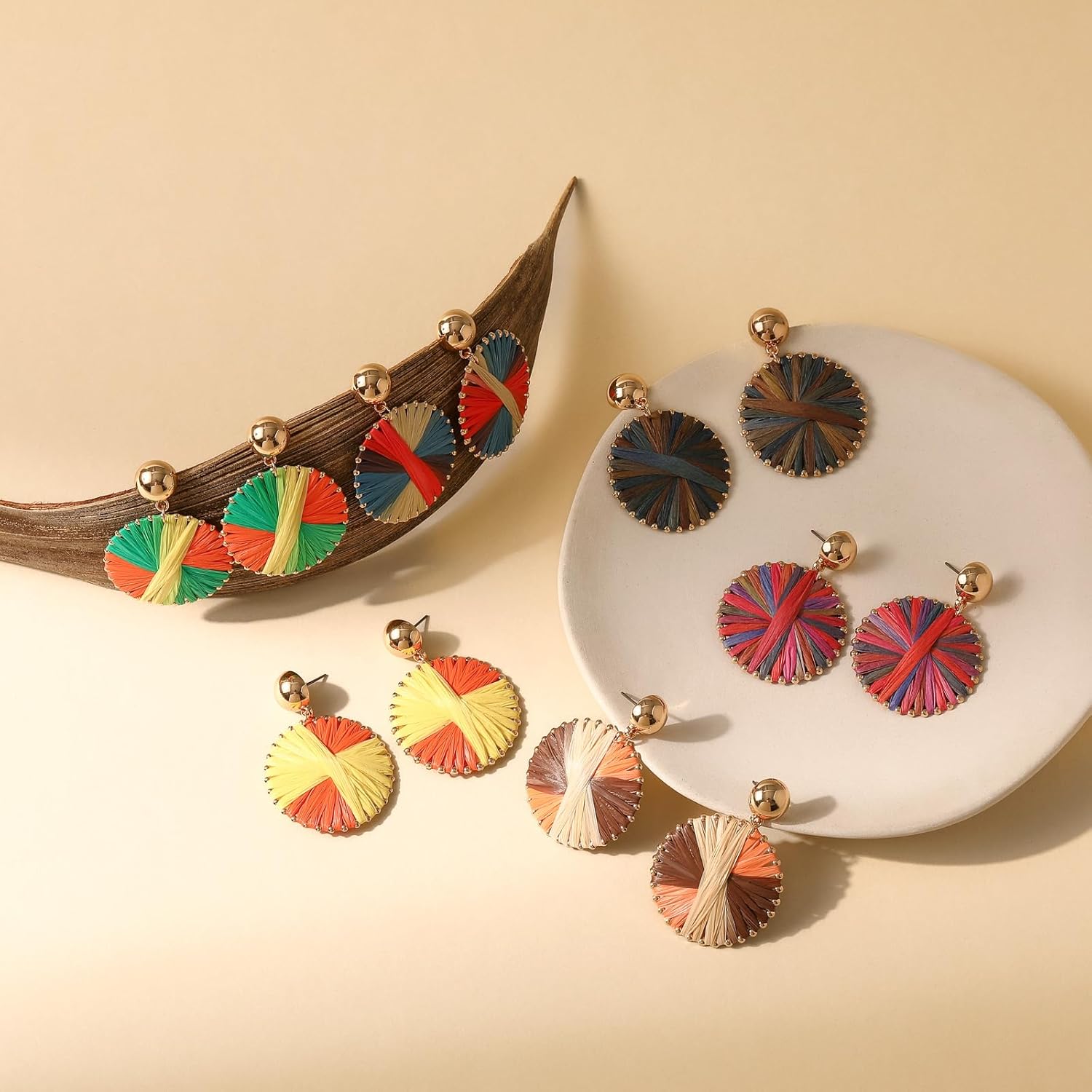 Viva Joya Boho Raffia-Style Dangle Earrings, Lightweight Handmade Woven Statement Jewelry for Women, Offered in Solid Shades, Color-Mix Designs, and Unique Vintage-Washed Styles - Image 3