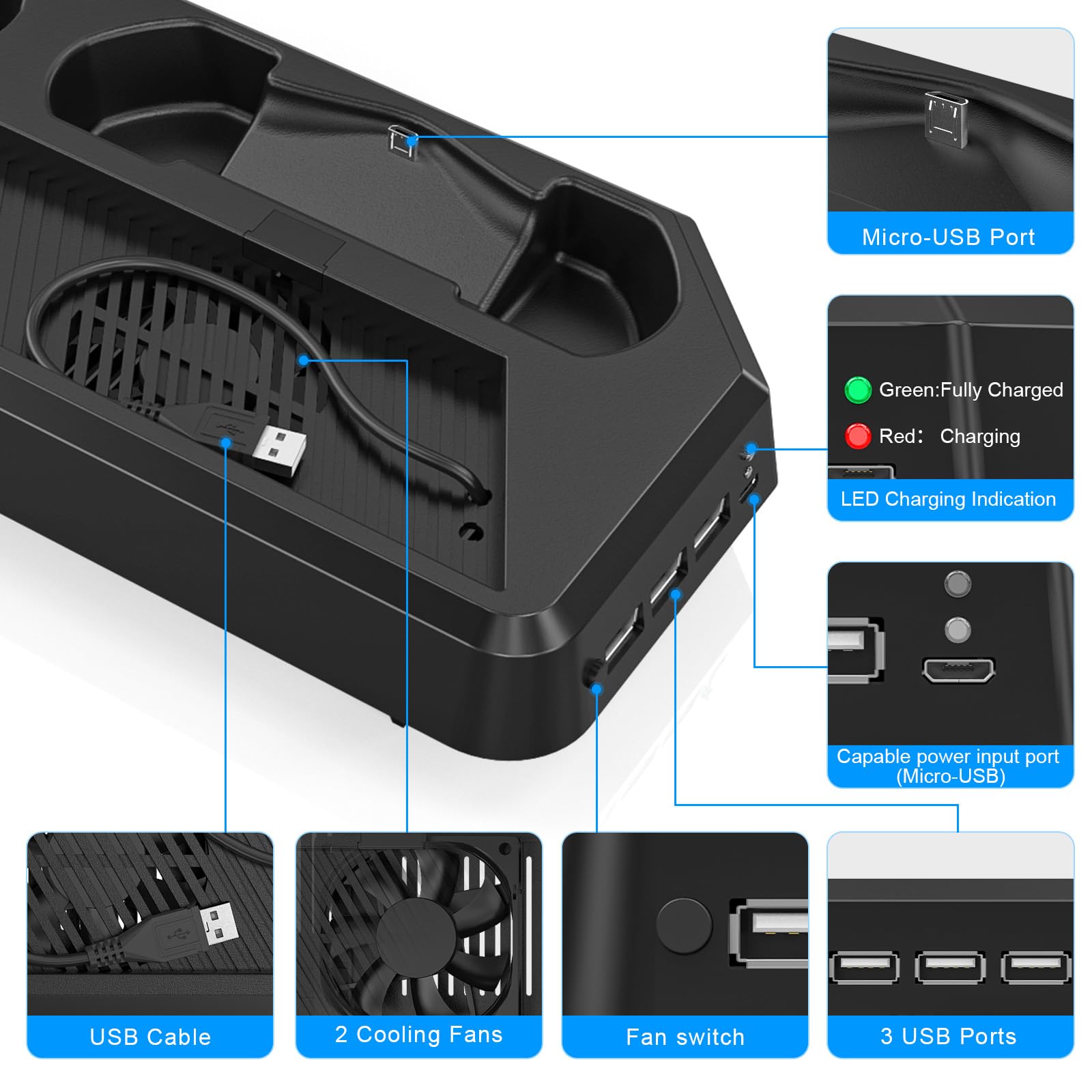 KEKUCULL Estación de carga de controlador para PS4Pro, soporte vertical con estación de carga de controlador dual, ventilador de refrigeración dual y 3 puertos USB (solo para PS4Pro)