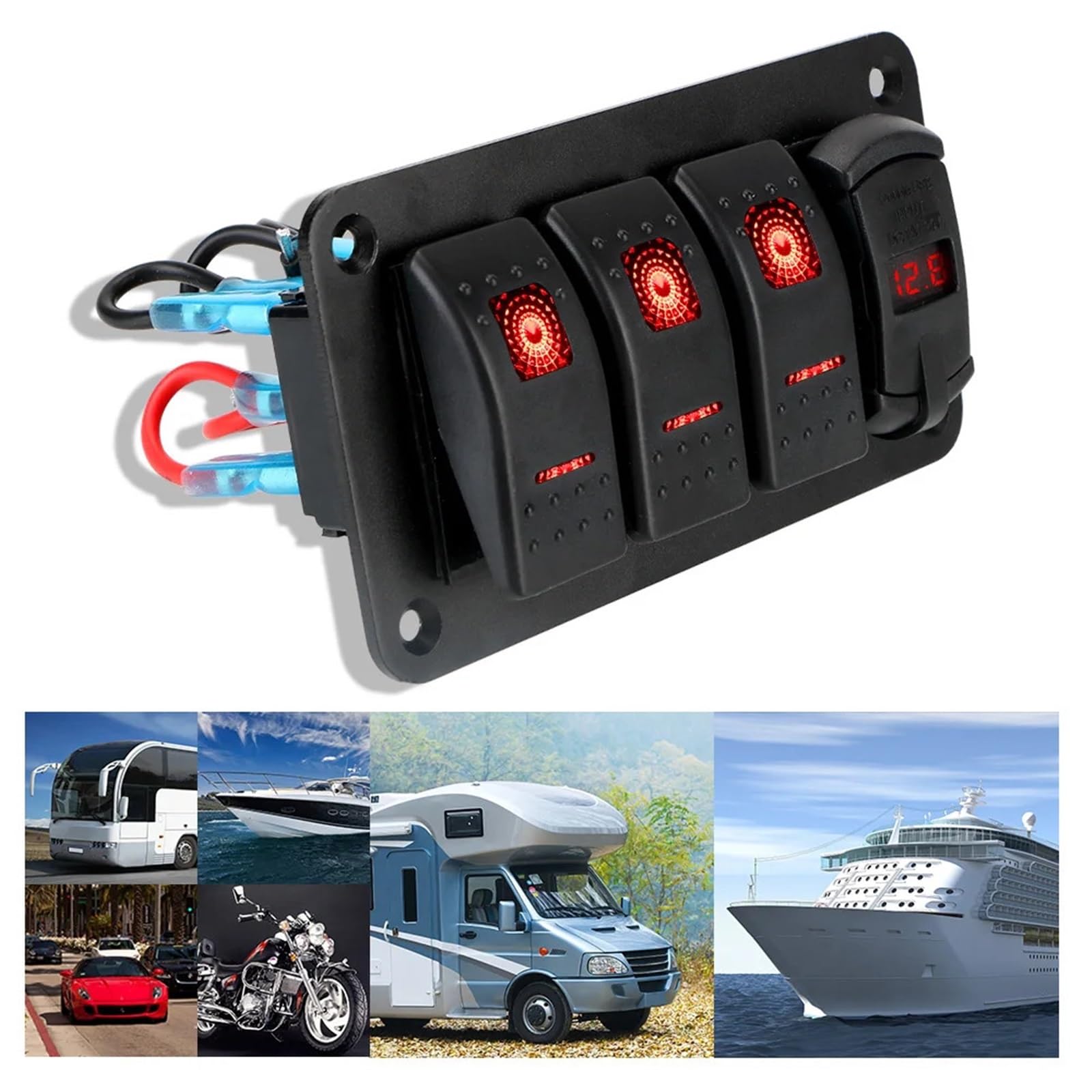 Panel de interruptores de 24 V y 12 V con 3 botones, luz de palanca for coche, cargadores USB, comprobador de 3 voltios, accesorios for barco, caravana, camión, remolque(Rot)