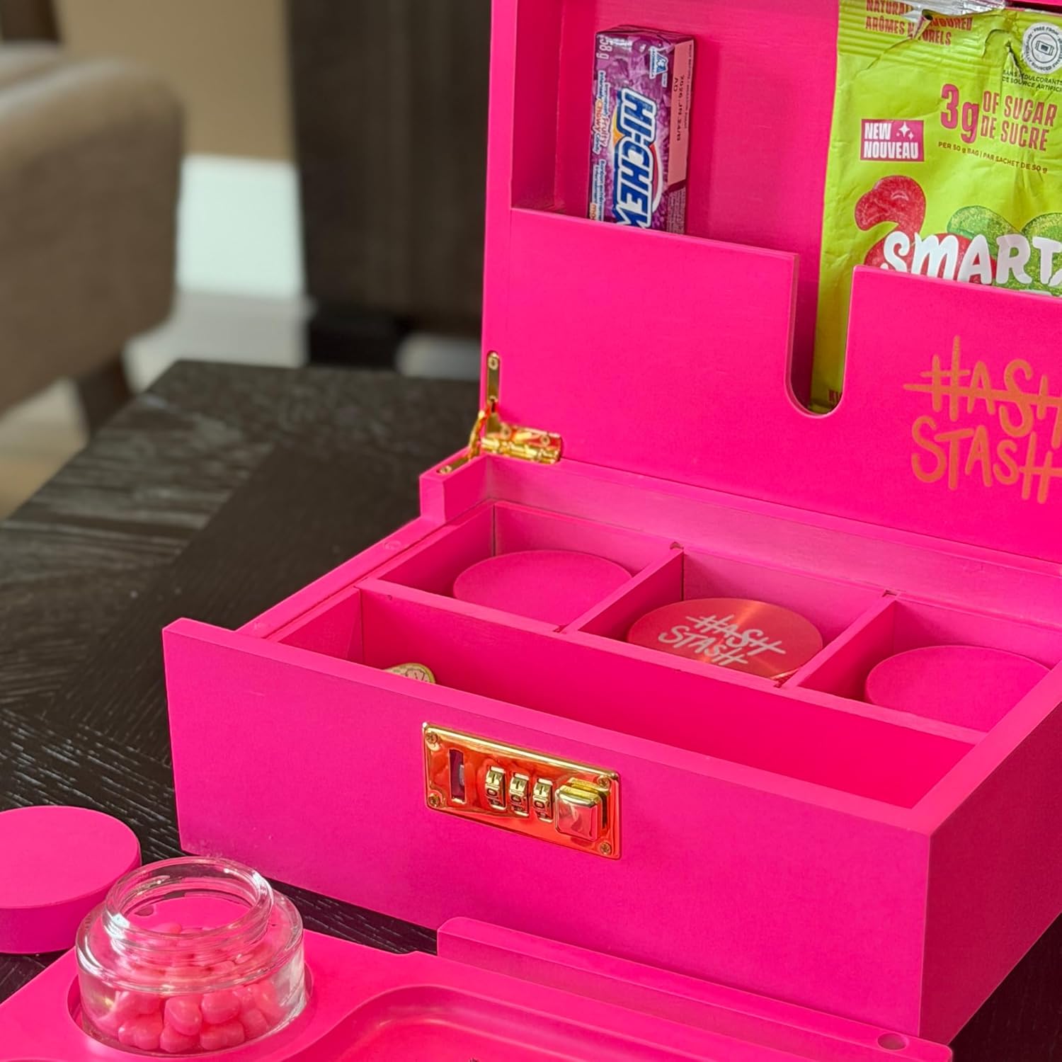 HASHSTASH The OG Storage Box - Large Bamboo Box with Combination Lock, Magnetic Lid, Organizer Tray, Airtight Tube and 3 Jars - Discreet Decorative Locking Wooden Box with Accessories (Neon Pink)