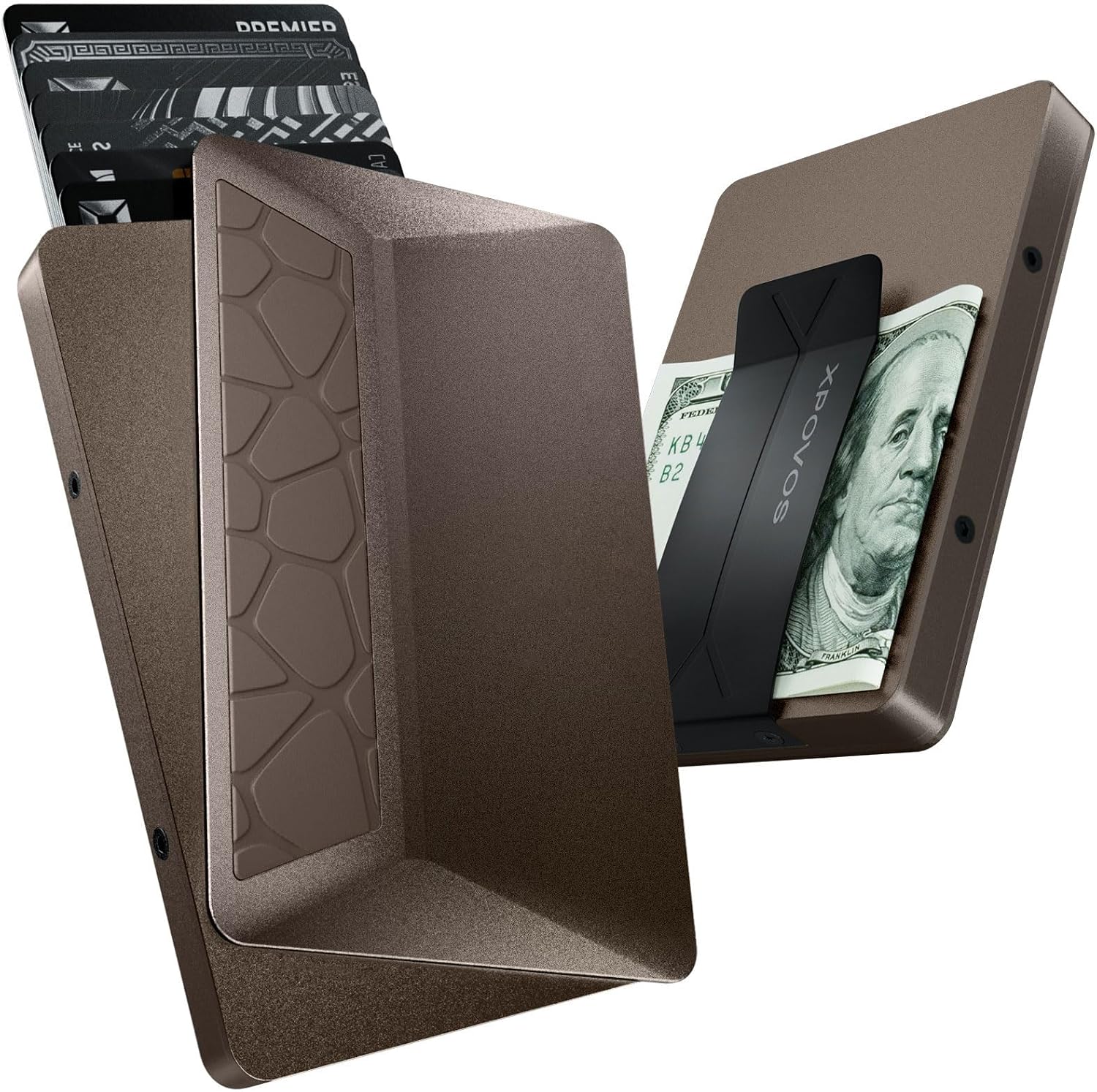 HERO Minimalist Wallet for Men,RFID Blocking Mens Wallets Slim Card Holder with Money Clip Metal Swipe Pop-Up Credit Card Case Smart Travel Wallet (Brown)