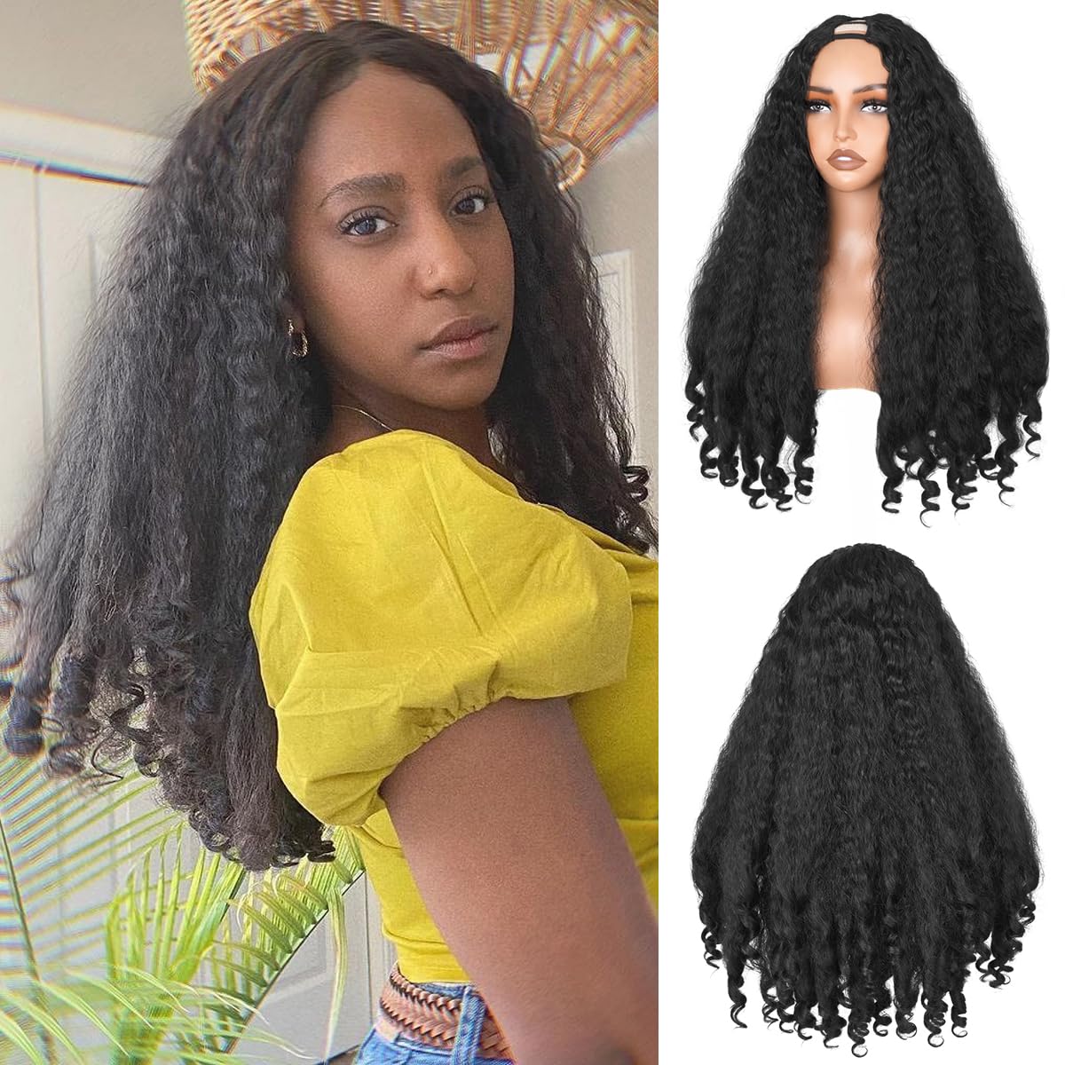 Afro Curly V Part Wig Synthetic Yaki Curly Half Wigs for Black Women Glueless U Part Wig with Bottom Bouncy Curls Blowout 4c Hair Style Natural Black 22 Inch Afro Curly V Part Wig Synthetic Yaki Curly Half Wigs for Black Women Glueless U Part Wig with Bottom Bouncy Curls Blowout 4c Hair Style Natural Black 22 Inch