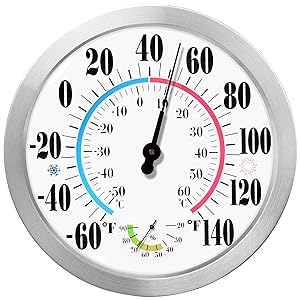 Indoor Outdoor Thermometer Wireless - 12'' Outdoor Thermometers for Patio, Wall Thermometer Hygrometer with Stainless Steel Enclosure for Home Decorative, No Battery Required Hanging Thermometer