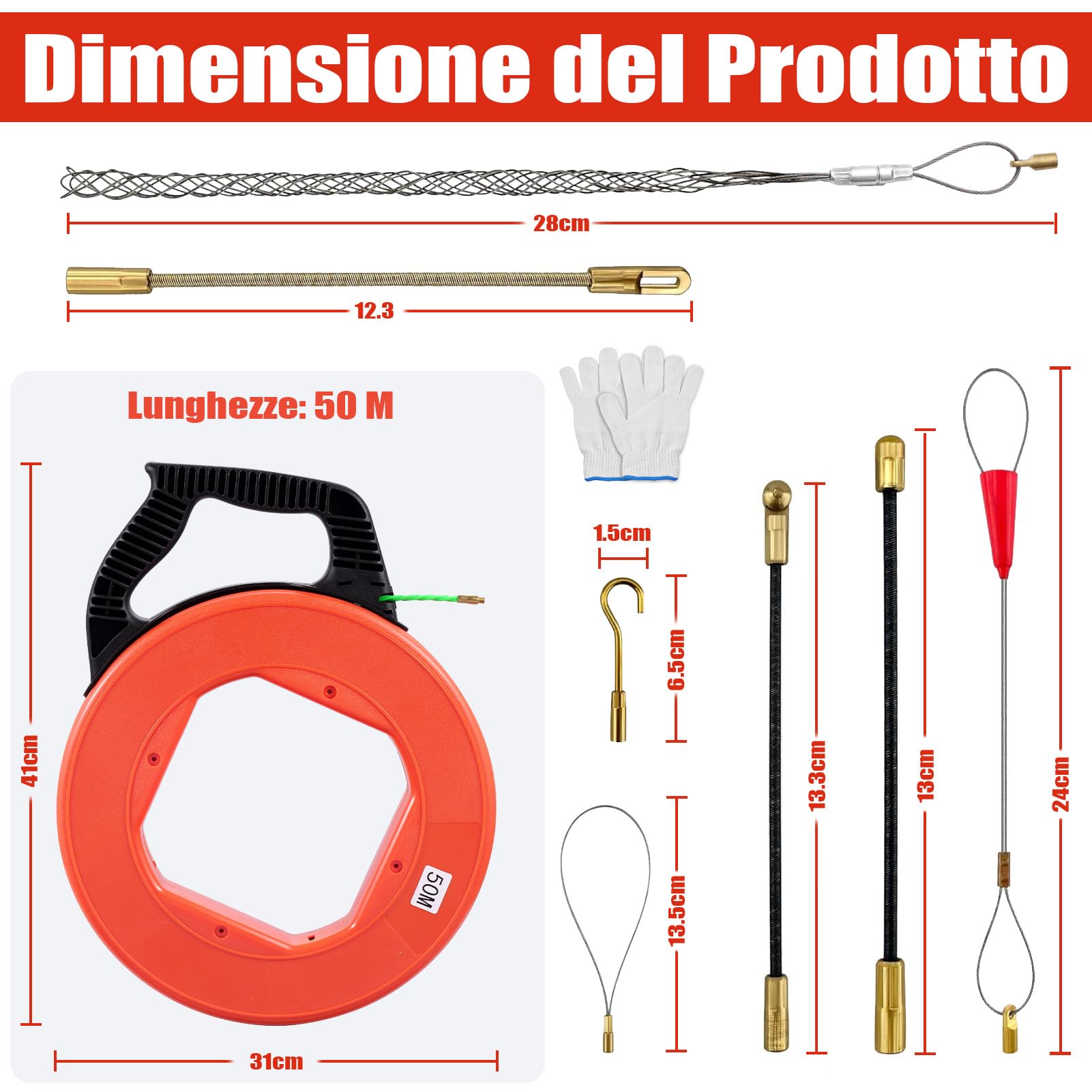 Sonda Passacavi,Sonda Passacavi Professionale,Ausilio per la trazione dei cavi 4,5 mm 50 m, spirale retrattile 50 m, ausilio retrattile per cavi con 7 molle di guida