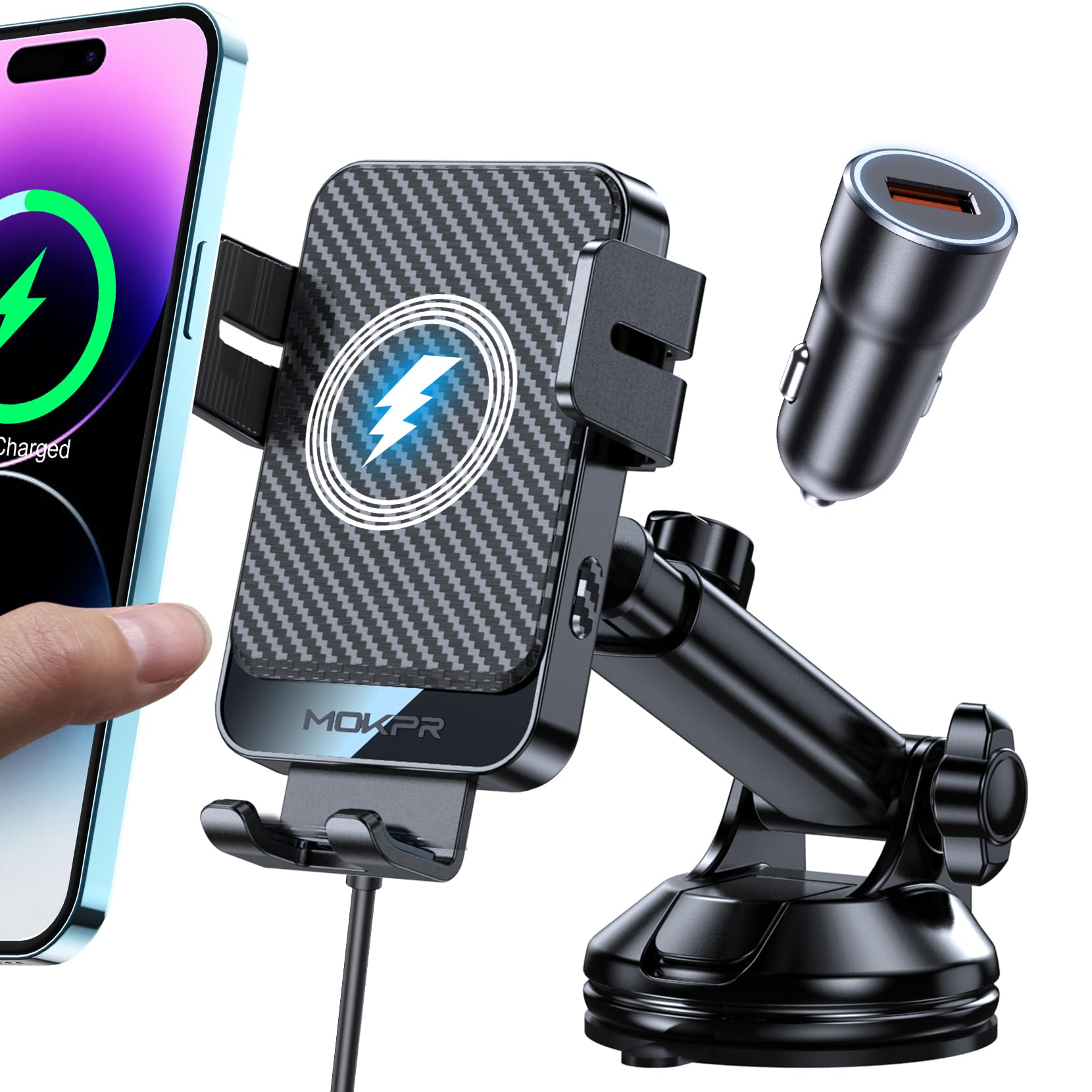 MOKPR 15 W Caricatore Ricarica Wireless Auto, Supporto Cellulare Auto Wireless con Auto-Bloccaggio con Clip per Prese d'aria/Pannello Strumenti per iPhone 16/15/14/13/12, Samsung Huawei Xiaomi