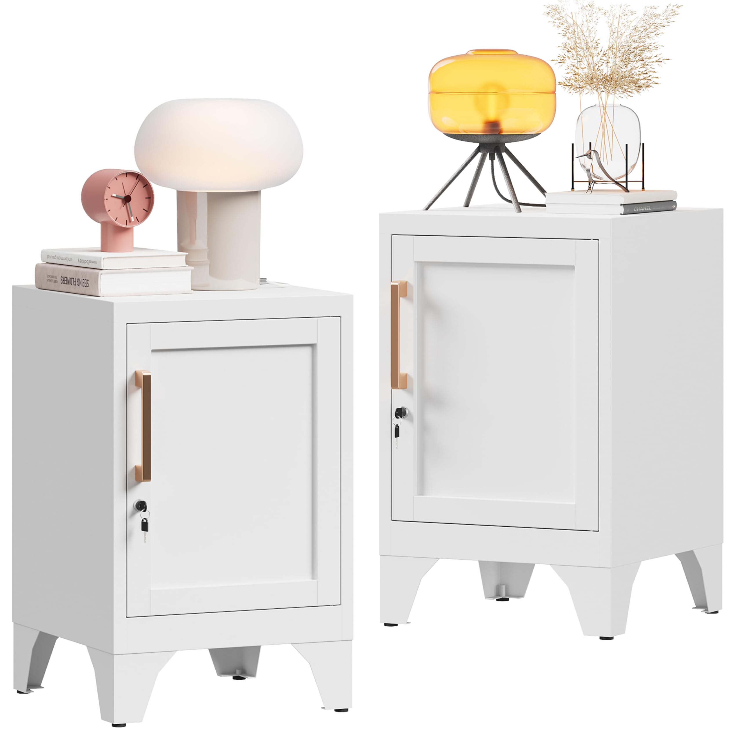23.6" H Metal Locker Nightstand Set of 2,White Locking Night Stand with Door and Adjustable Shelf, Small Locker Cabinet with Detachable Legs for Home Office,Living Room or Bedroom,Easy Assembly