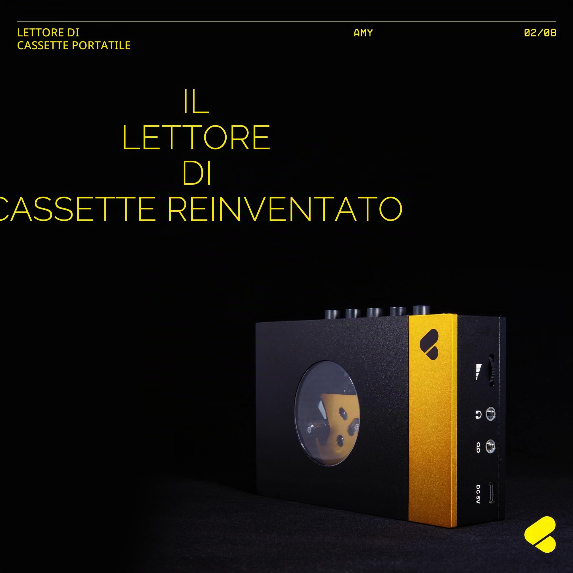 We are Rewind Lettore a cassette portatile Bluetooth, registratore con altoparlante, cuffie, cavo 3,5 mm - Amy Nero & Giallo
