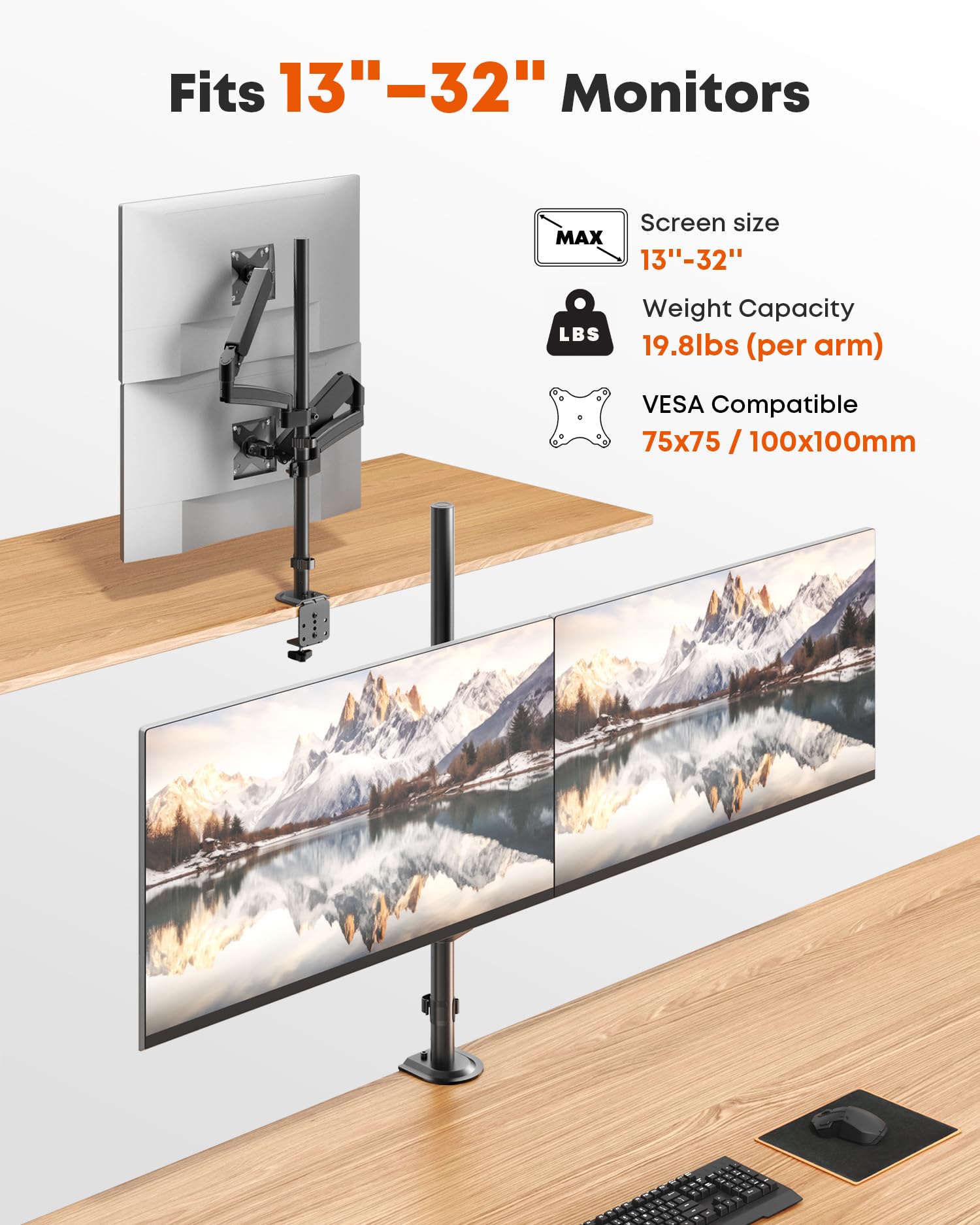 Monitor Halterung 2 Monitore für 13-32 Zoll Bildschirm,Max. 9kg pro Arm | Extralange Säule Monitor Arm für 2 Monitore,Voll Verstellbar Bildschirmhalterung mit Kabelmanagement,VESA 75/100 mm